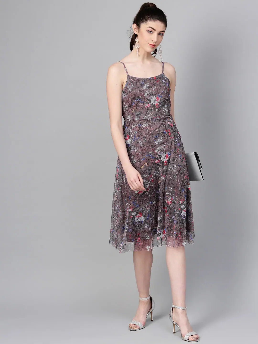 Brown Mesh Floral Midi - Alternative to Ethnic Lehenga for Women