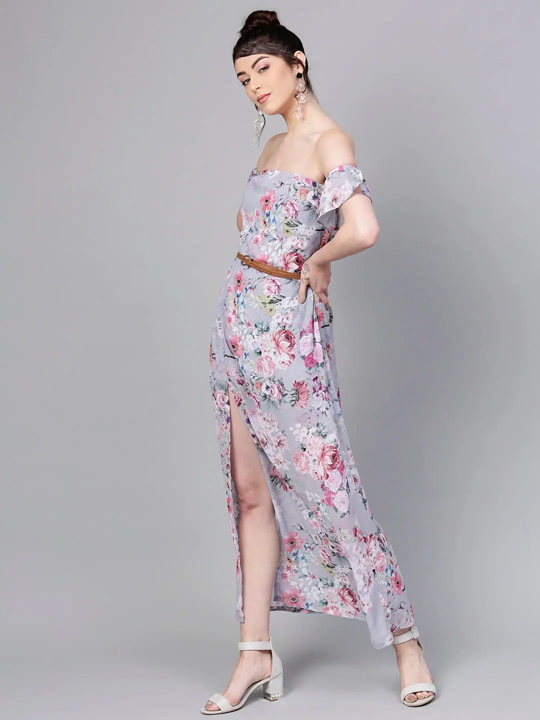 Grey Floral Off Shoulder Maxi Dress | Party Wear Lehenga Look