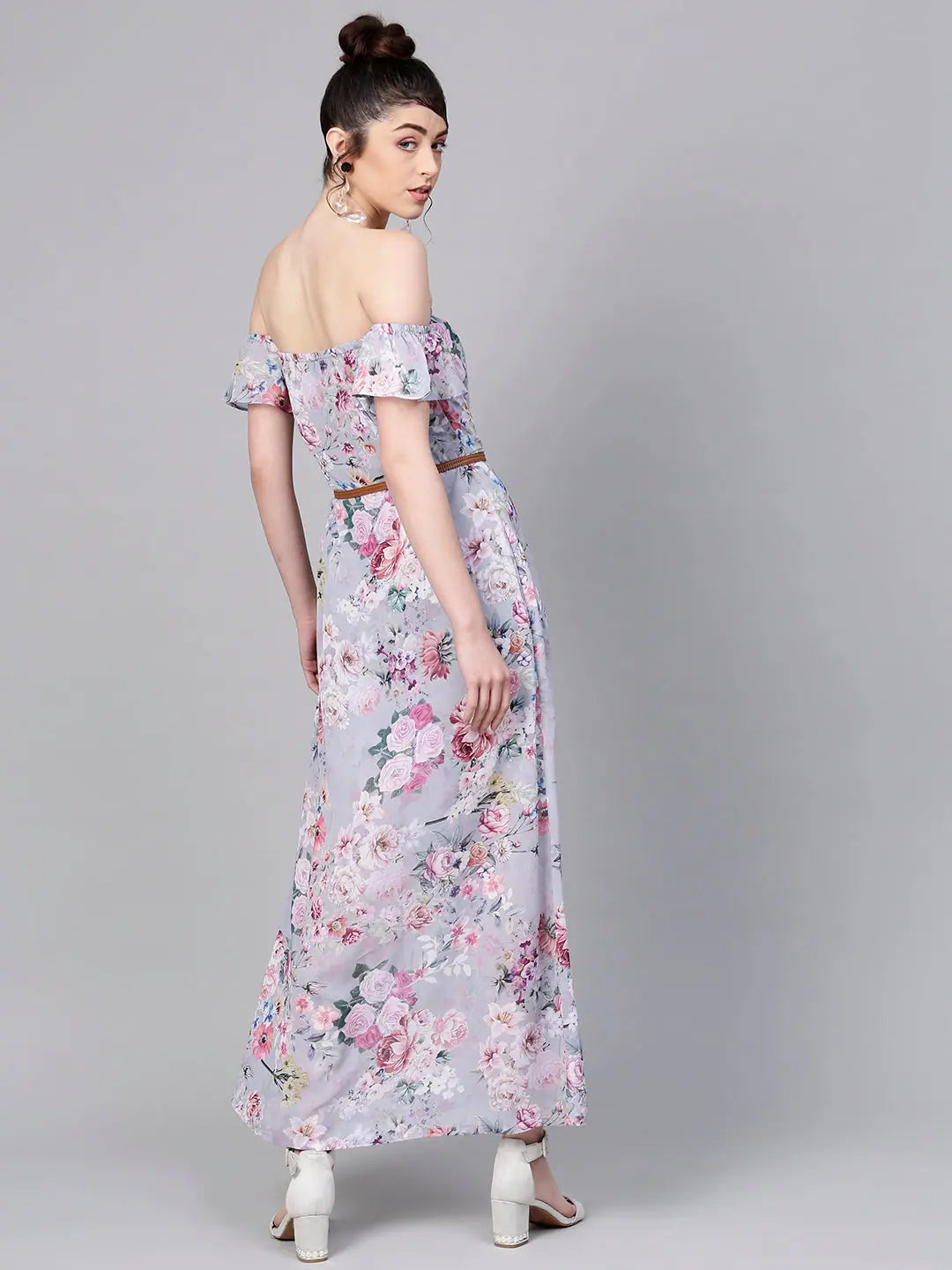 Grey Floral Off Shoulder Maxi Dress | Party Wear Lehenga Look