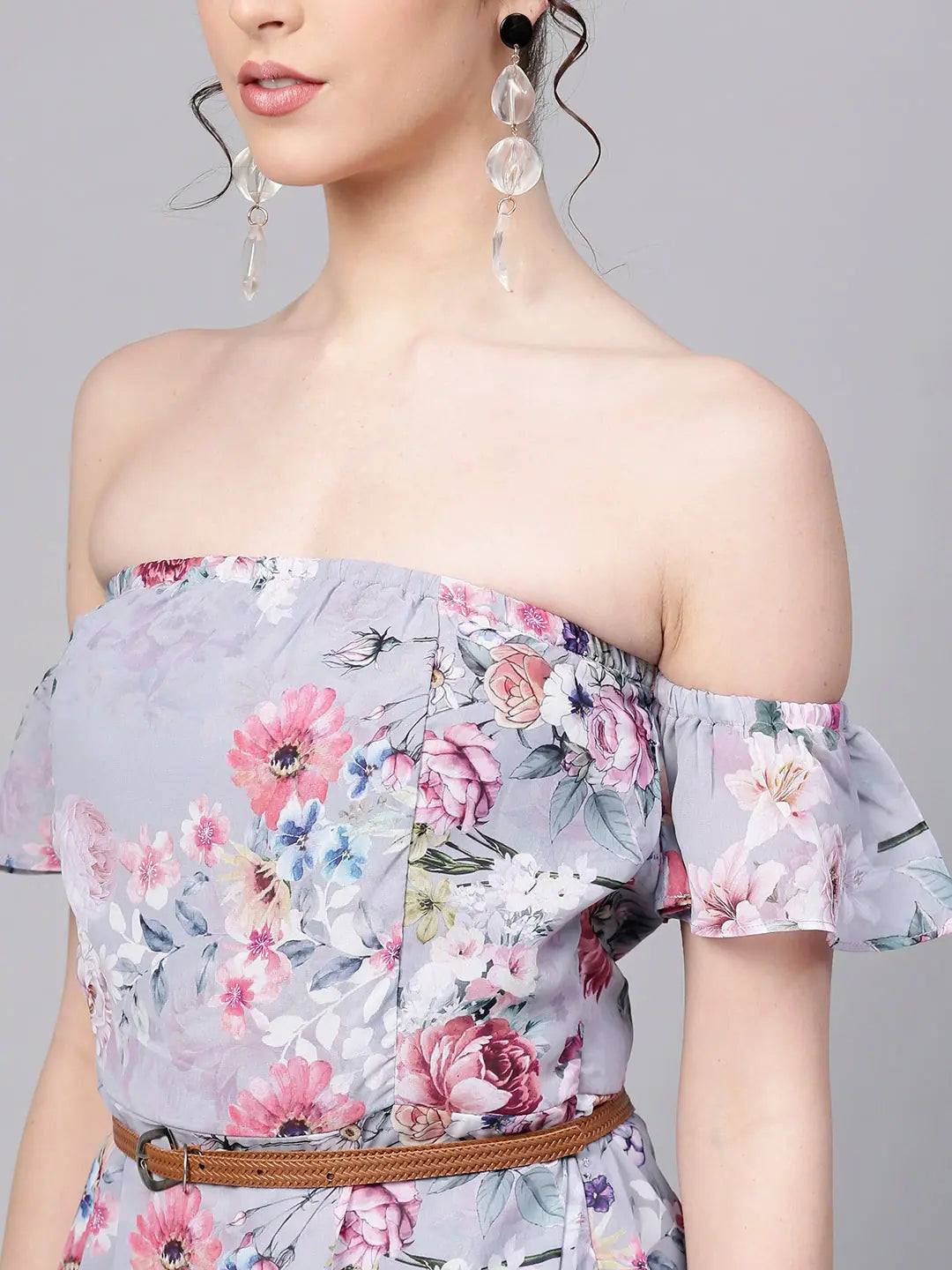 Grey Floral Off Shoulder Maxi Dress | Party Wear Lehenga Look