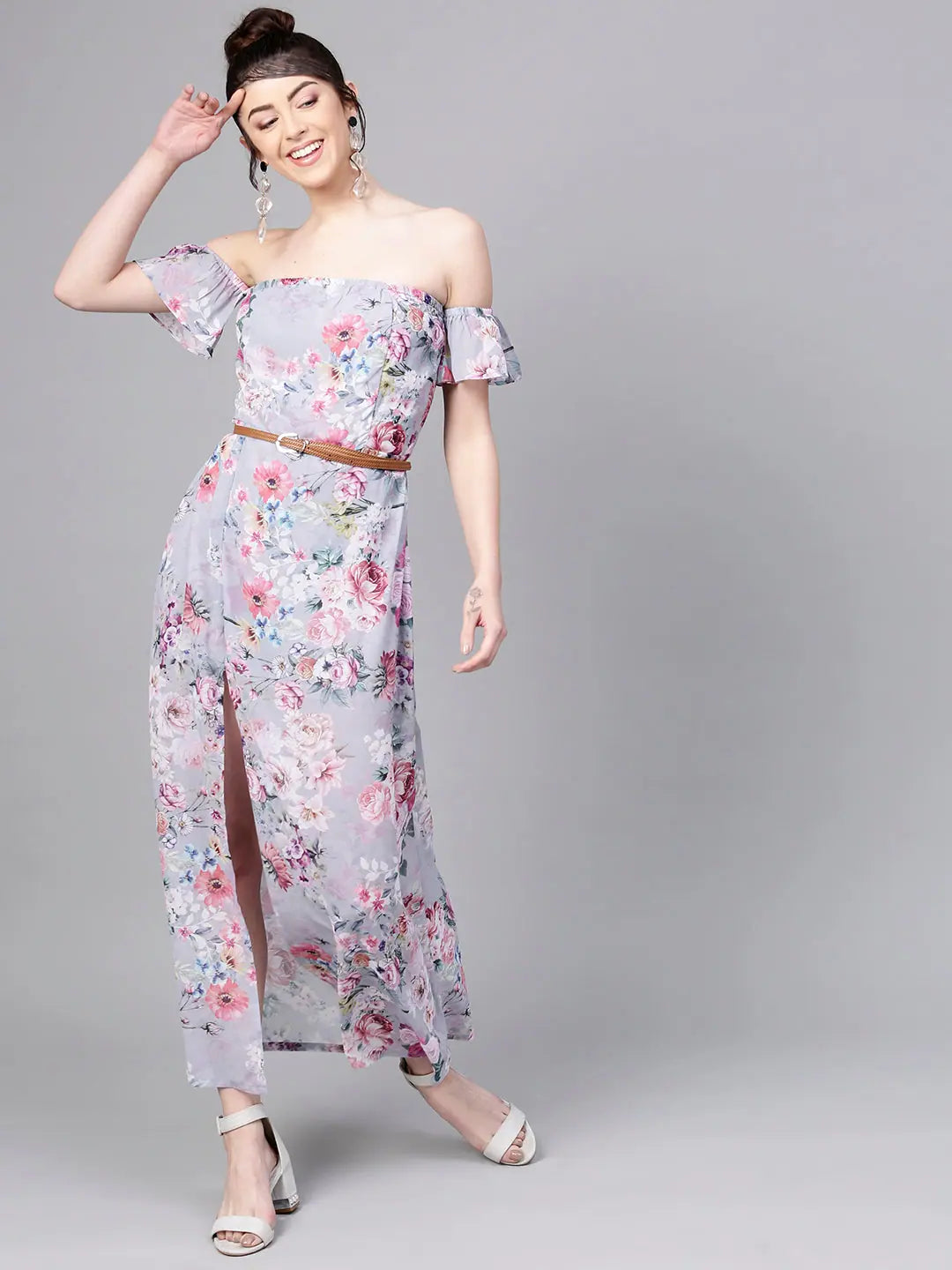 Grey Floral Off Shoulder Maxi Dress | Party Wear Lehenga Look