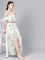 Off-White Floral Off Shoulder Belted Maxi