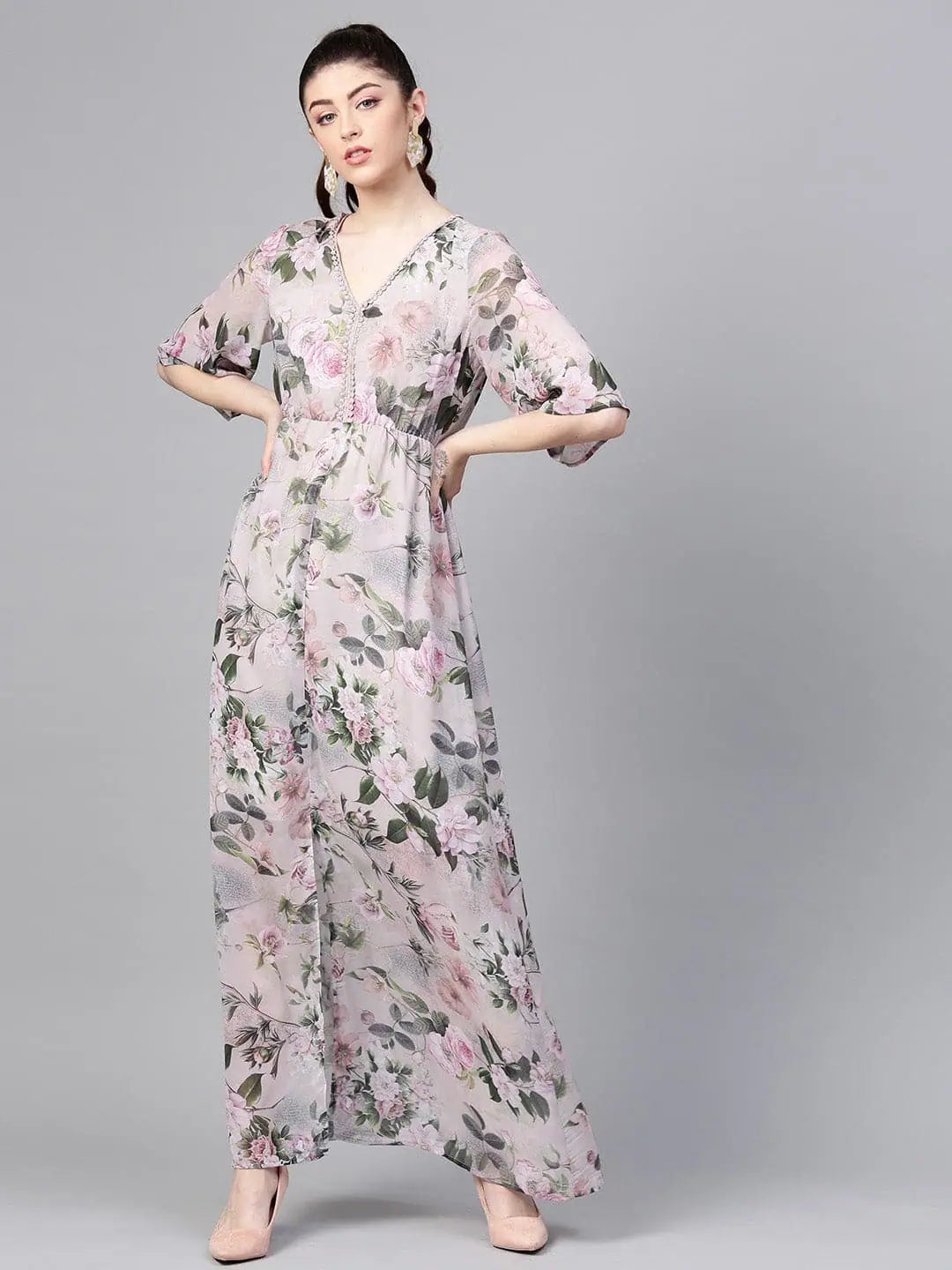 Pista Green Floral Maxi | Festive Lehenga Style Dress for Women
