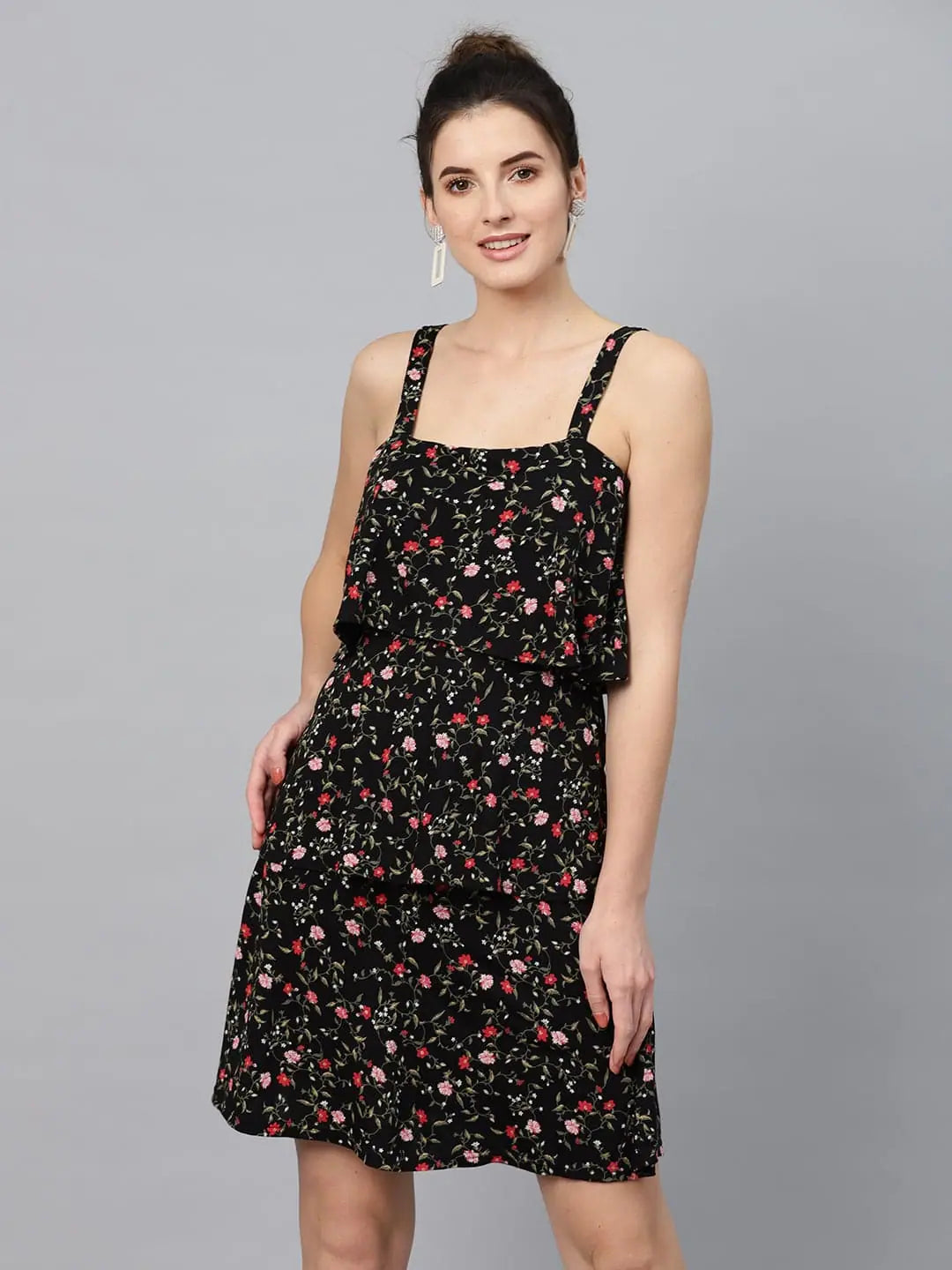Black Floral Strappy Tiered Dress - Viscose Jersey, Fit & Flare