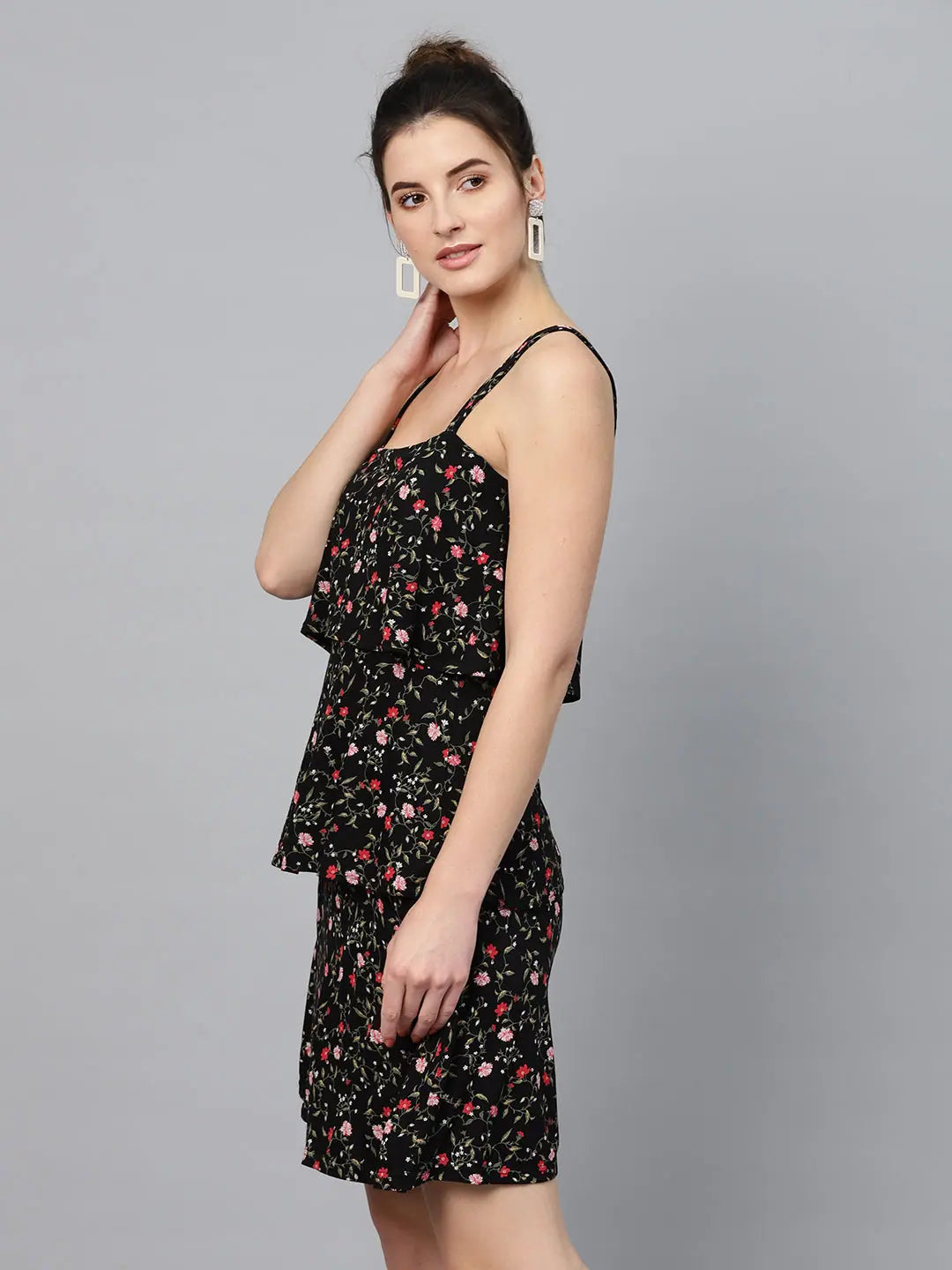Black Floral Strappy Tiered Dress - Viscose Jersey, Fit & Flare