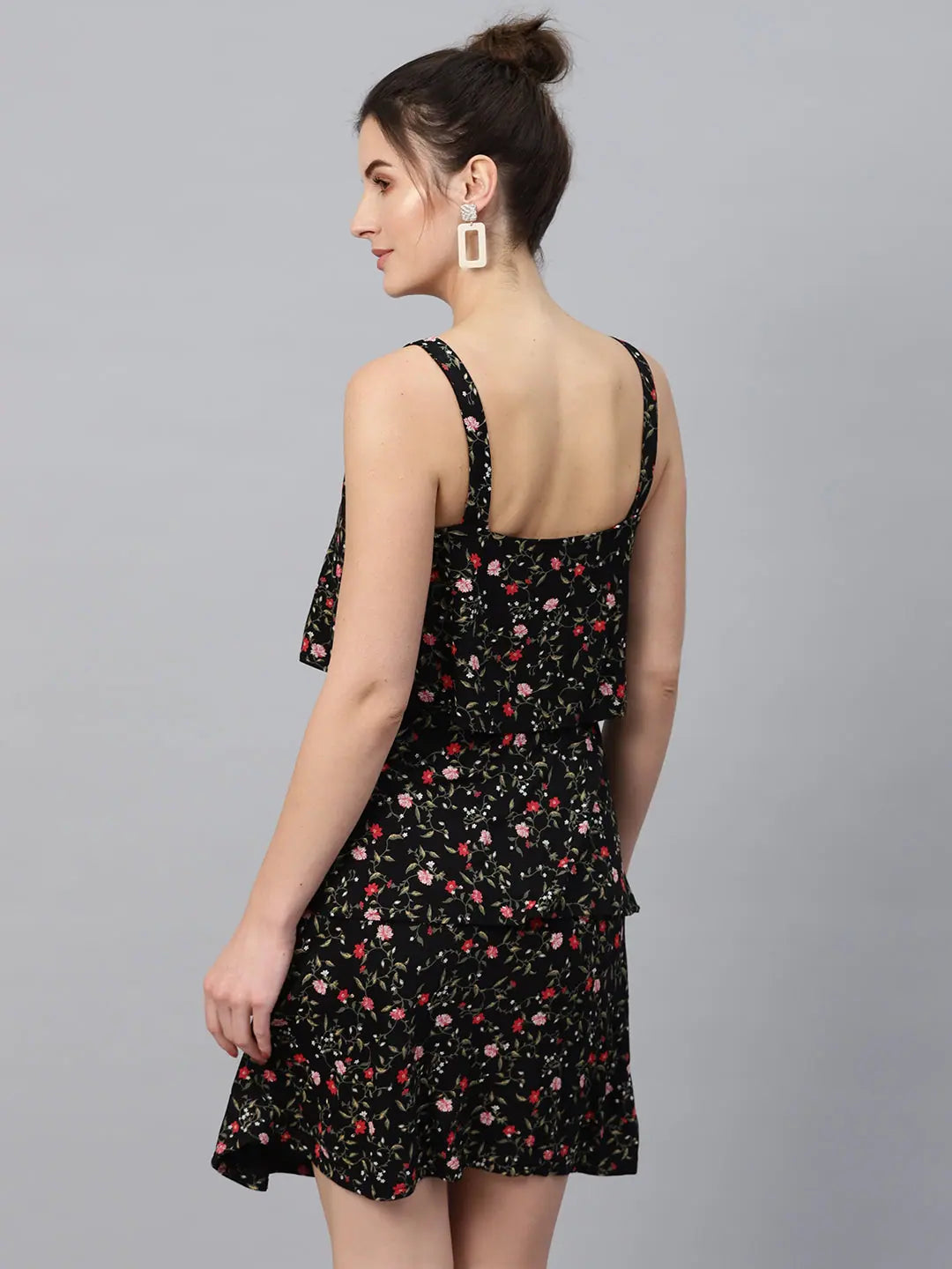 Black Floral Strappy Tiered Dress - Viscose Jersey, Fit & Flare