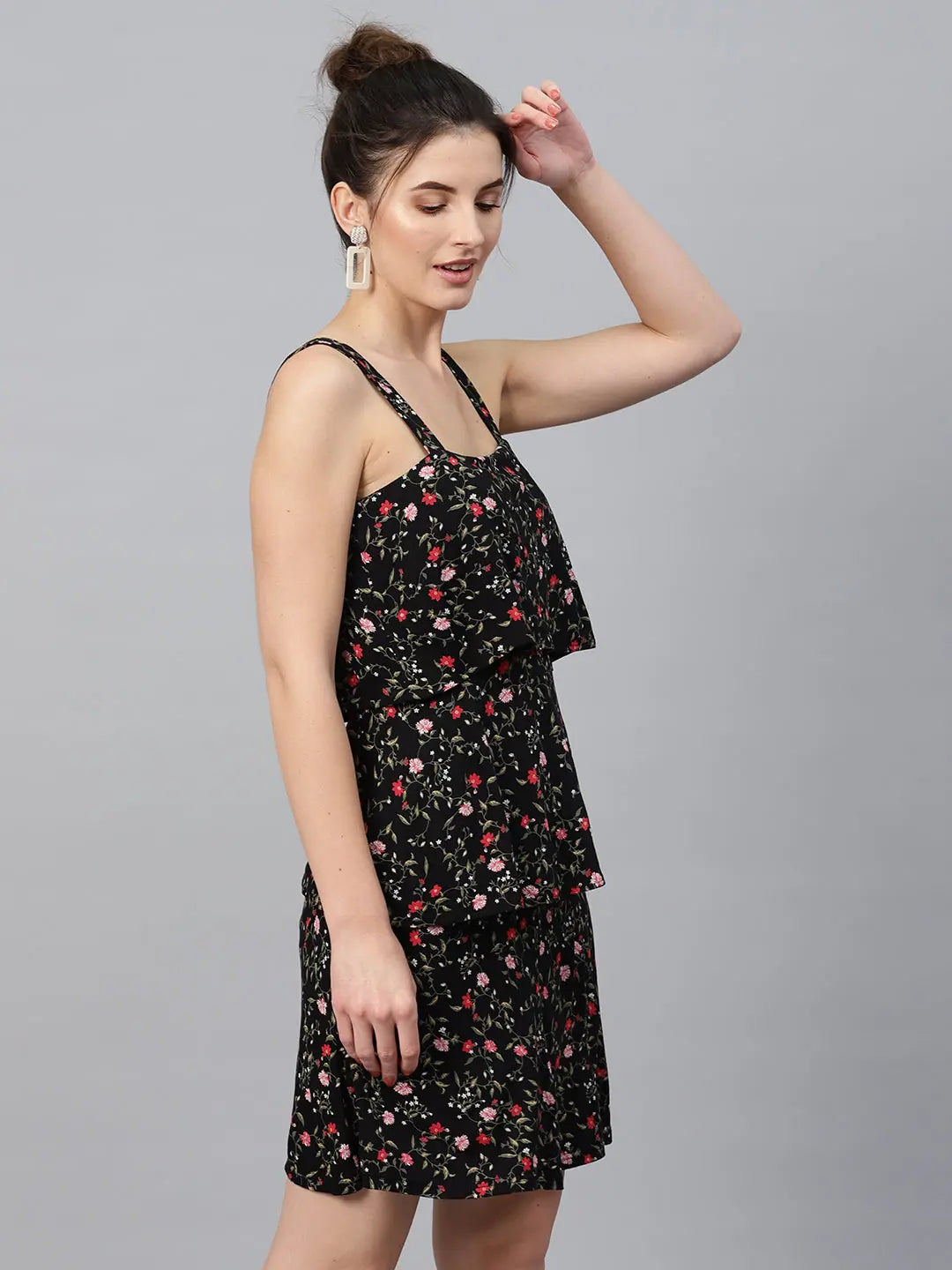 Black Floral Strappy Tiered Dress - Viscose Jersey, Fit & Flare