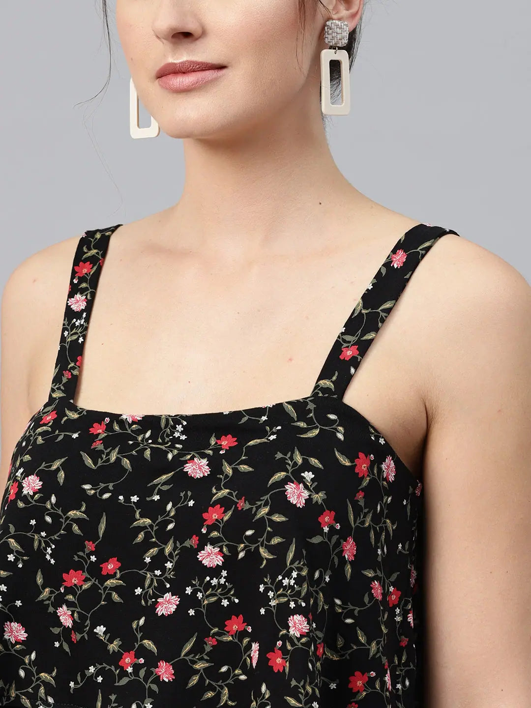 Black Floral Strappy Tiered Dress - Viscose Jersey, Fit & Flare