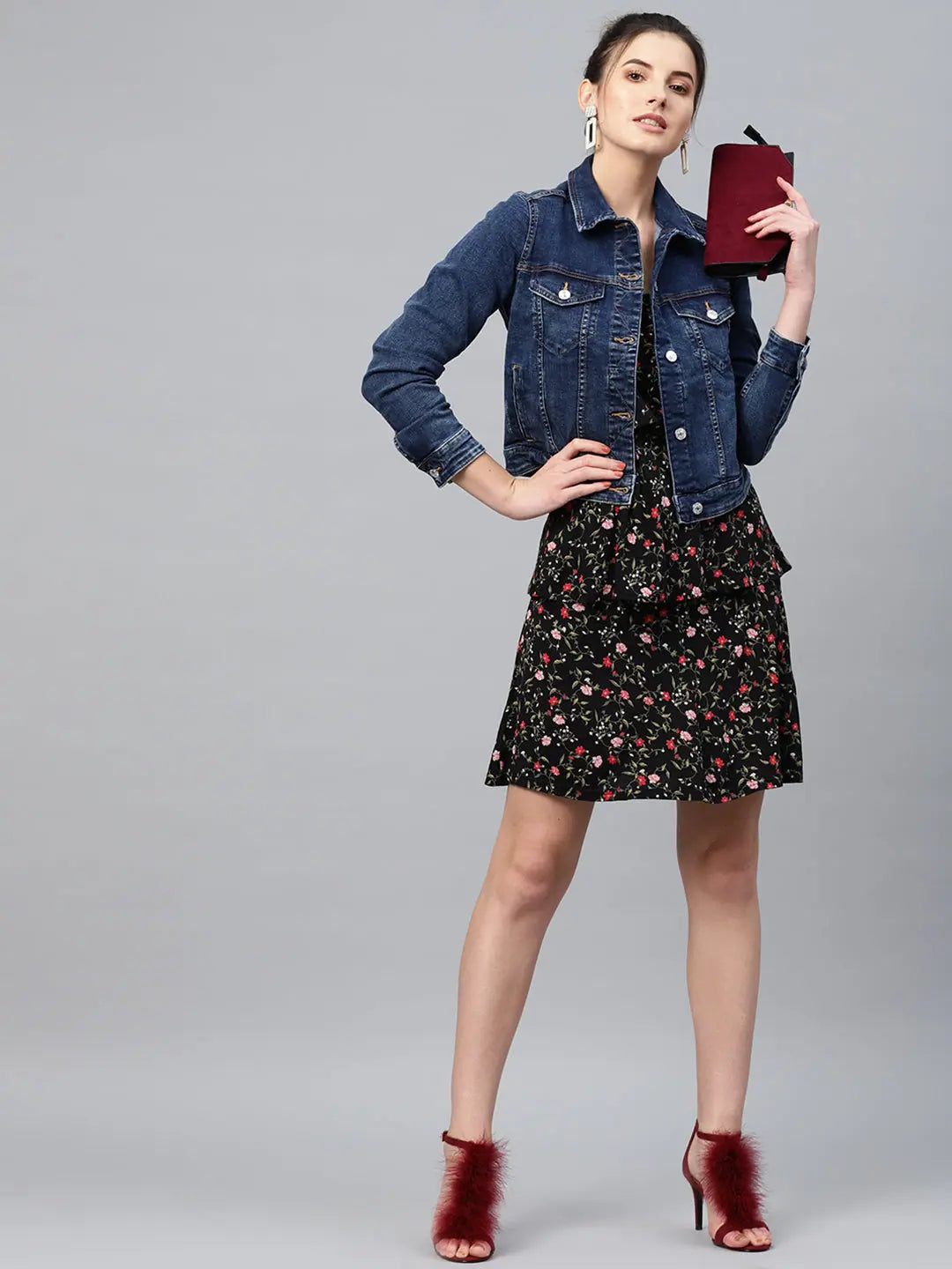 Black Floral Strappy Tiered Dress - Viscose Jersey, Fit & Flare