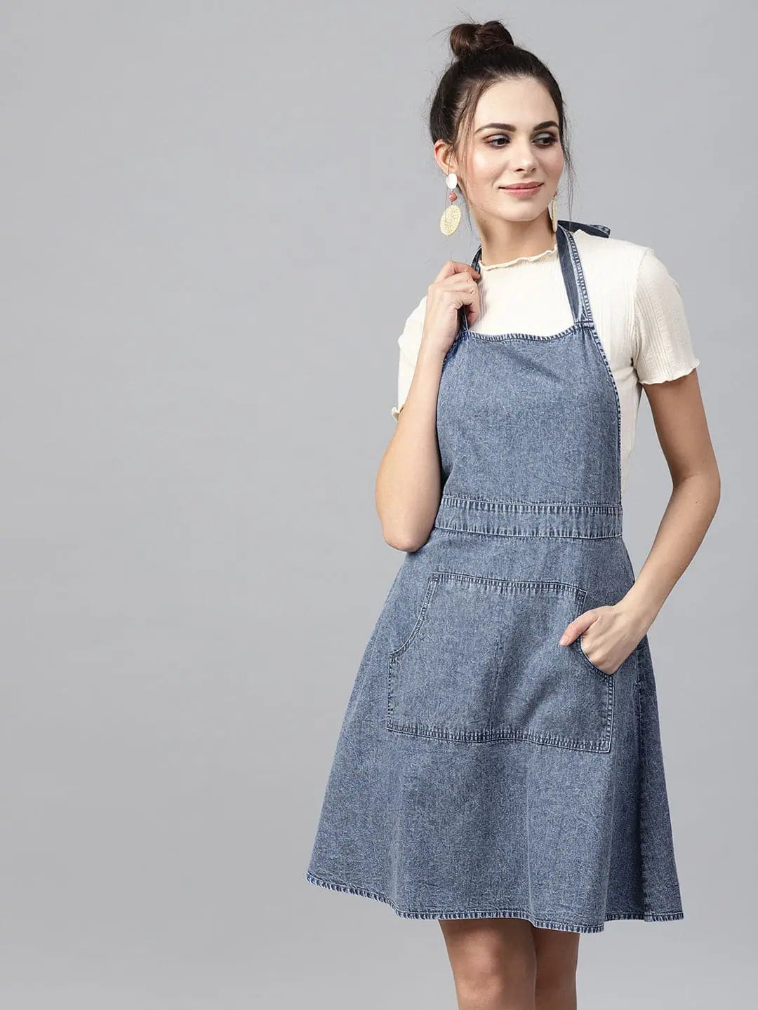 Blue Denim Acid Wash Apron Dress - Casual A-Line Style