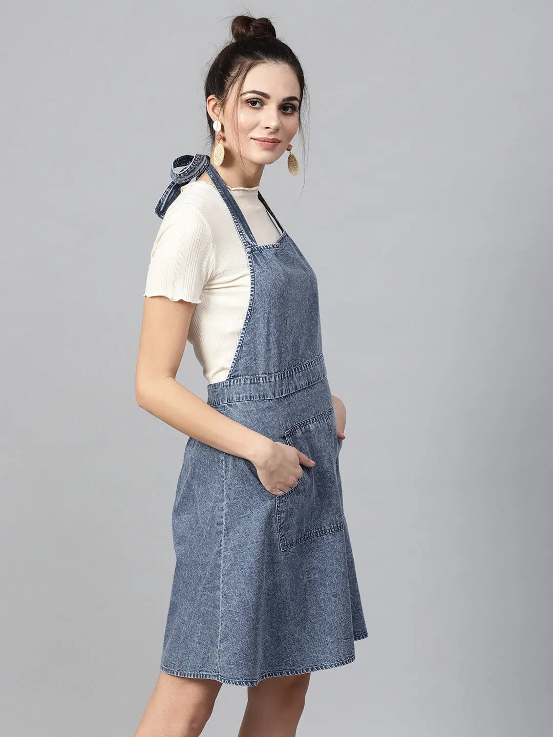 Blue Denim Acid Wash Apron Dress - Casual A-Line Style