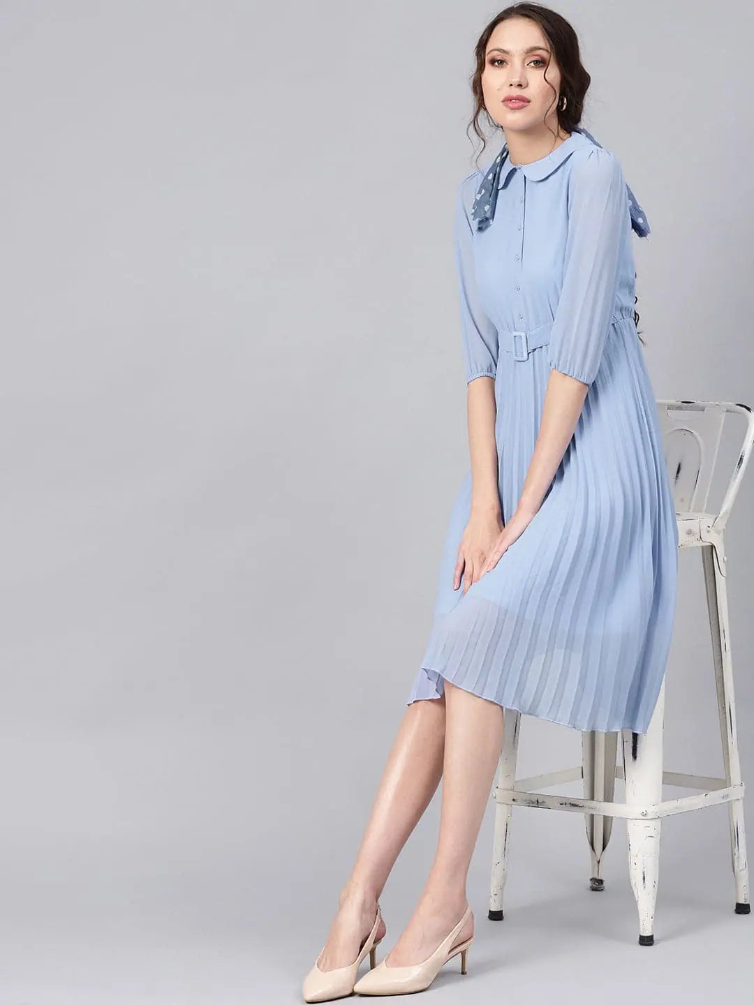 Blue Peterpan Pleated Midi Dress | Belted Fit & Flare