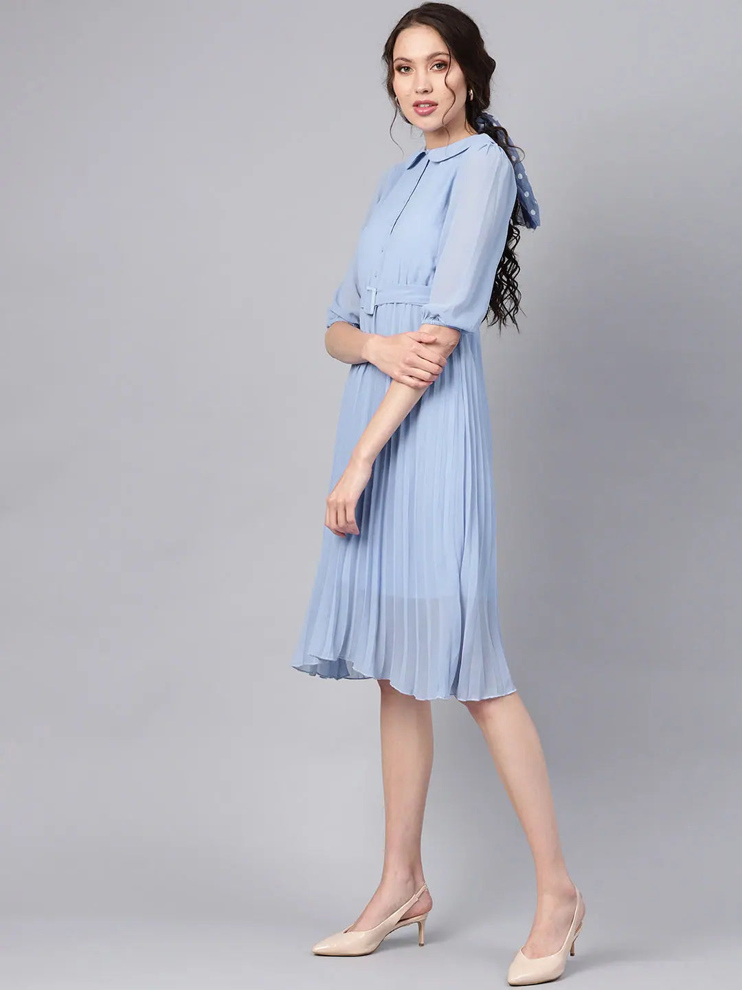 Blue Peterpan Pleated Midi Dress | Belted Fit & Flare