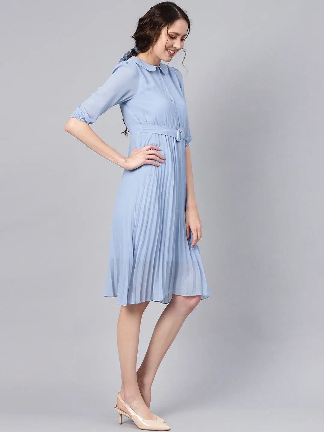 Blue Peterpan Pleated Midi Dress | Belted Fit & Flare