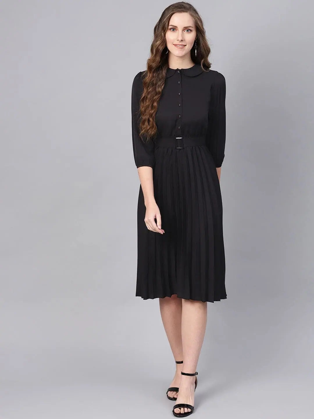 Black Belted Pleated Midi Dress - Lehenga Choli Look