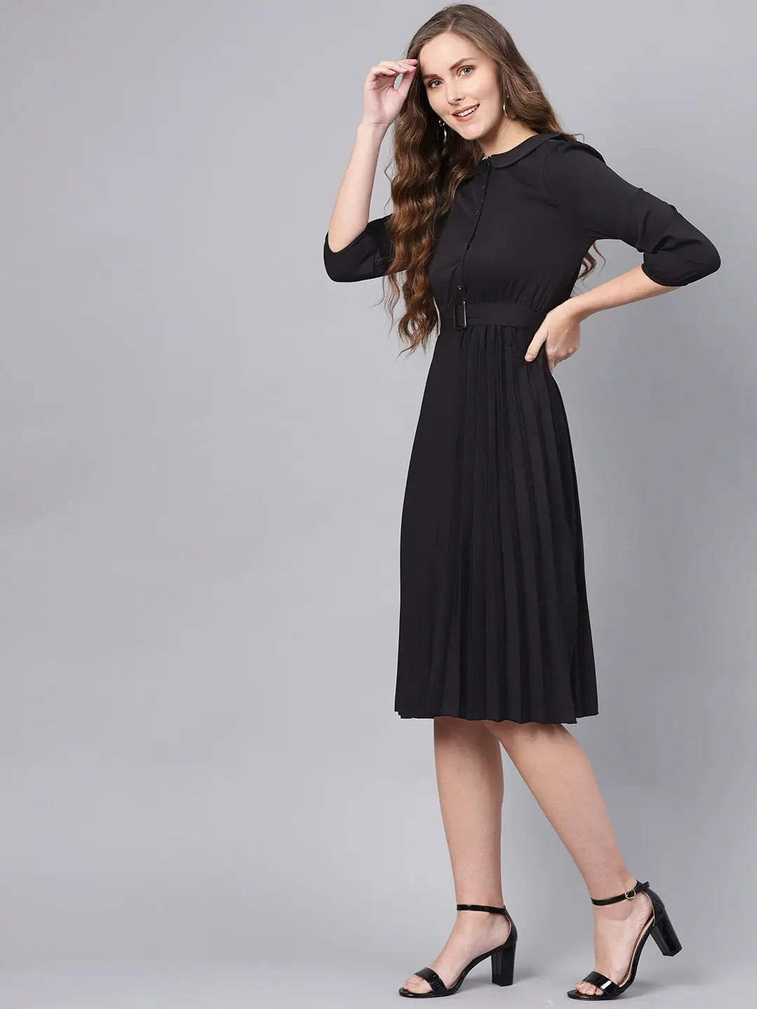 Black Belted Pleated Midi Dress - Lehenga Choli Look