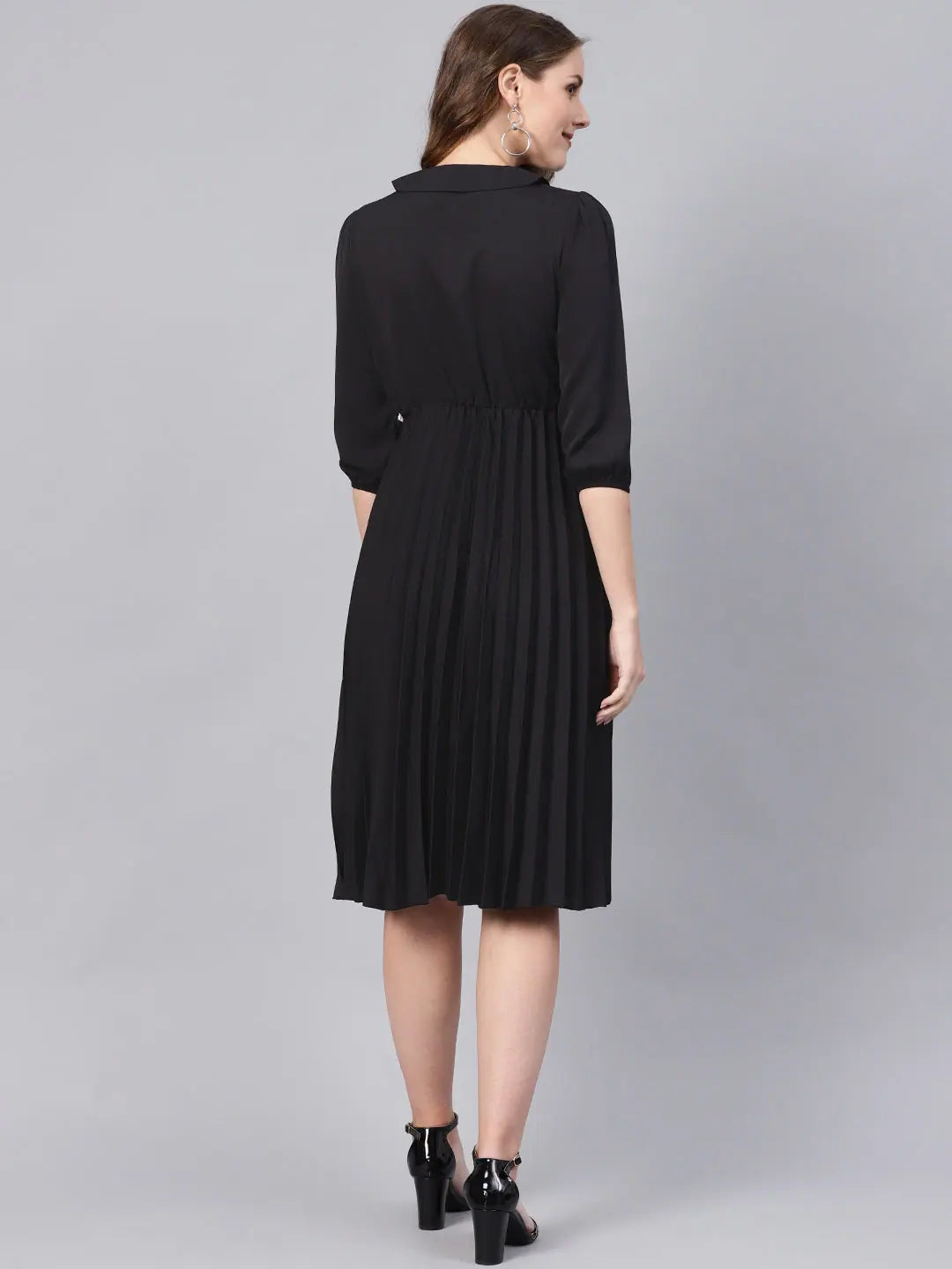 Black Belted Pleated Midi Dress - Lehenga Choli Look