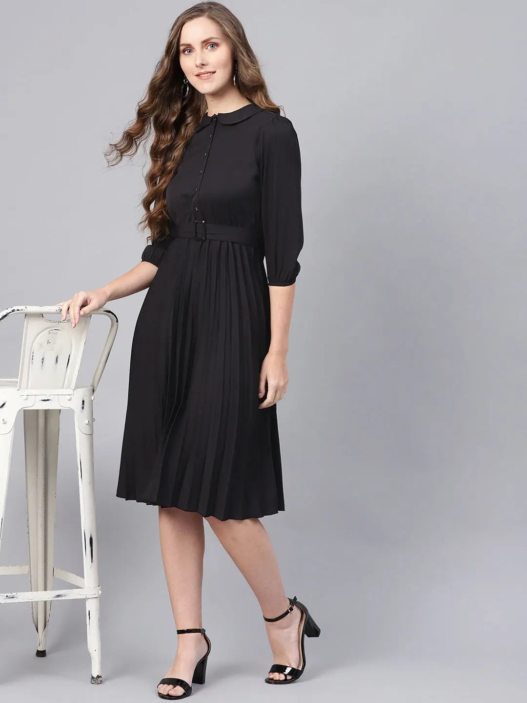 Black Belted Pleated Midi Dress - Lehenga Choli Look