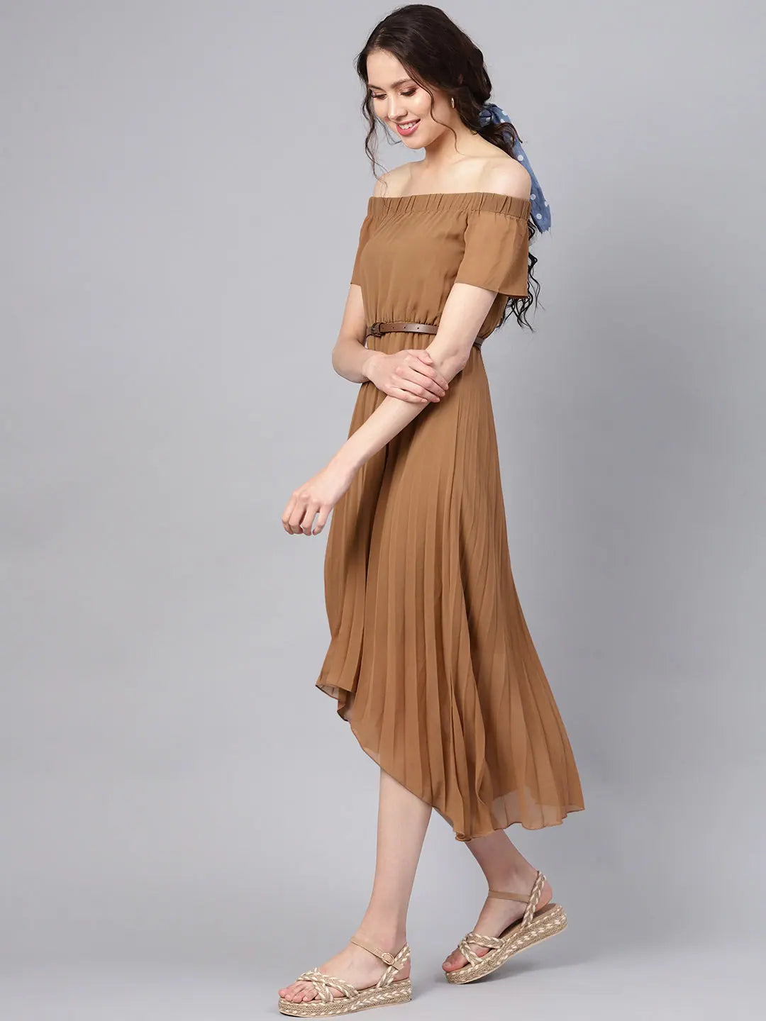 Brown Off Shoulder Pleated Dress | High Low Belted Style