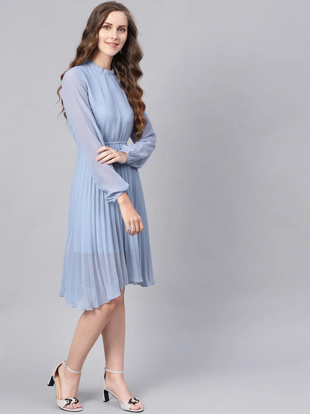 Blue Pleated Skater Dress - Party Wear Lehenga Style