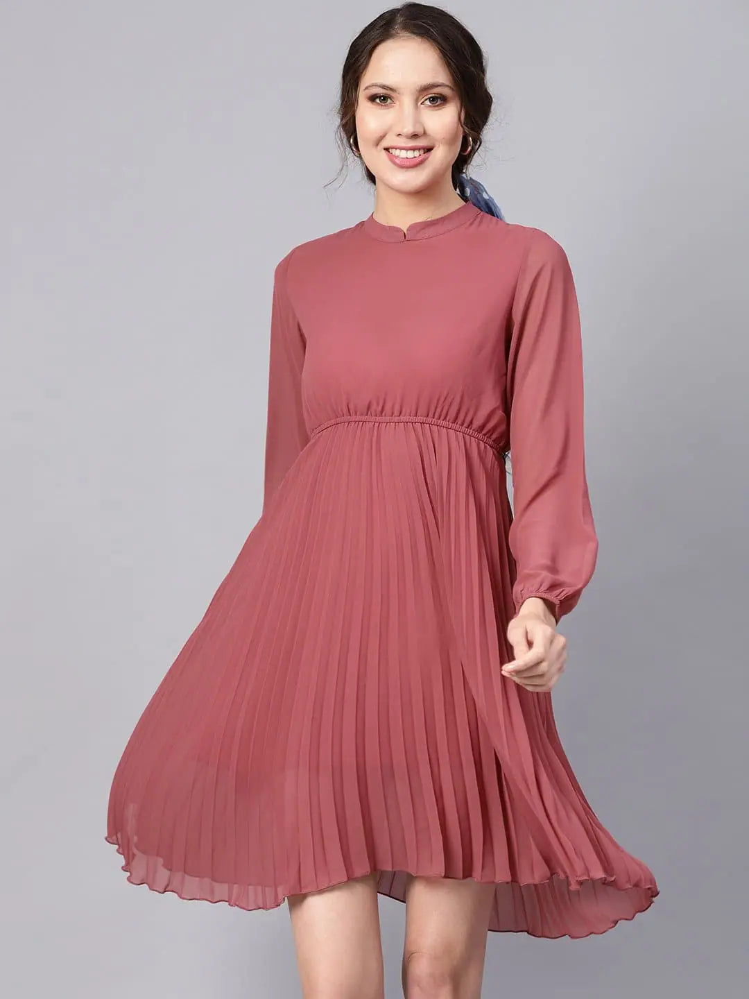 pink collared skater dress Rose Pink Mandrain Collar Pleated Skater Dress-SFDRSS1671