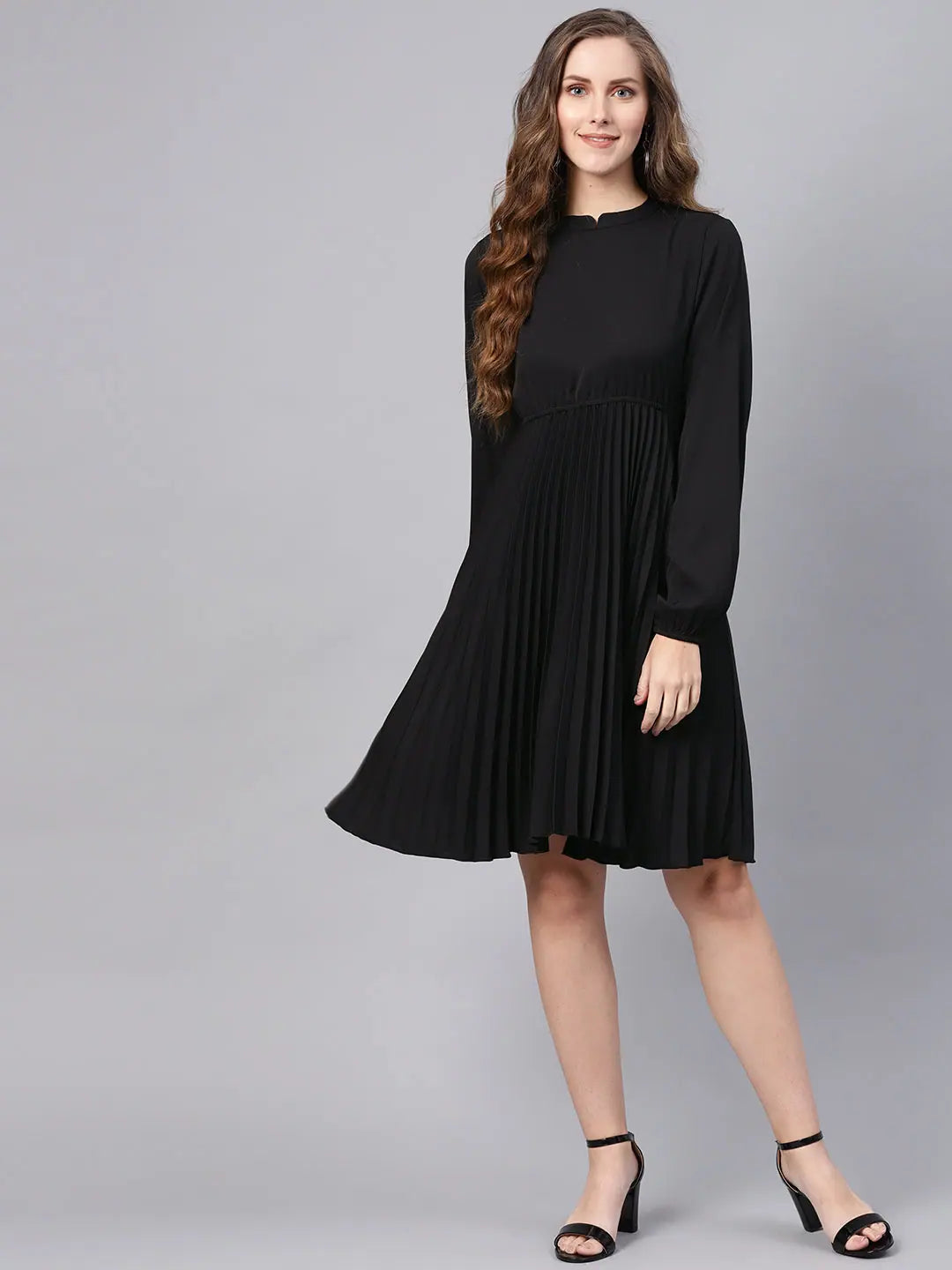 Black Skater Dress - Mandarin Collar & Pleated Skirt