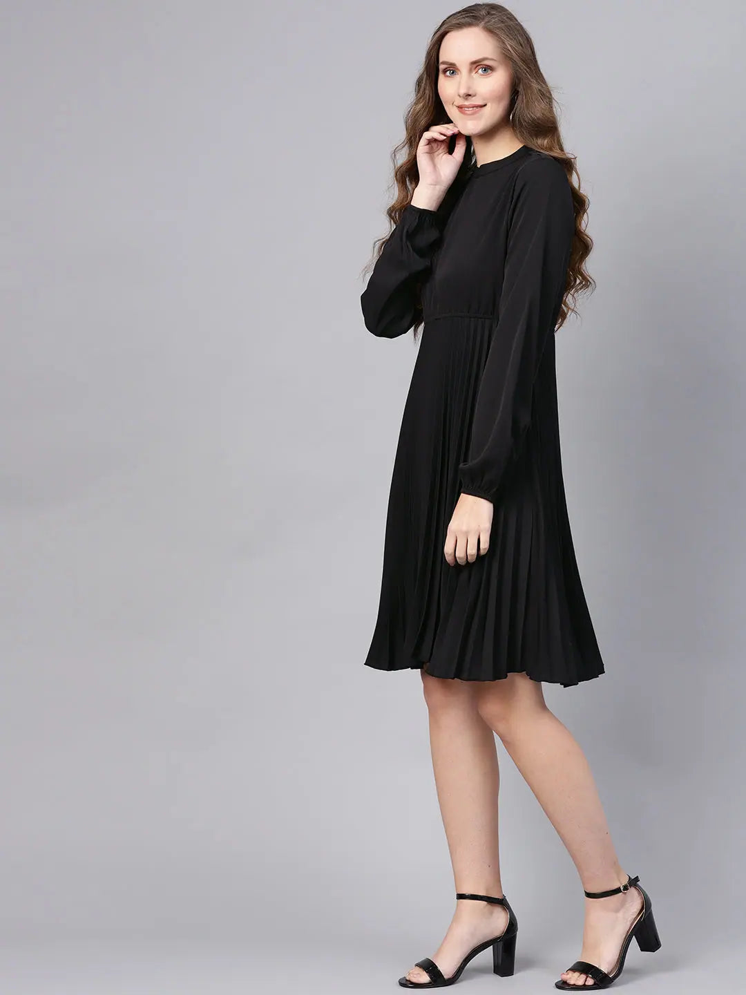 Black Skater Dress - Mandarin Collar & Pleated Skirt