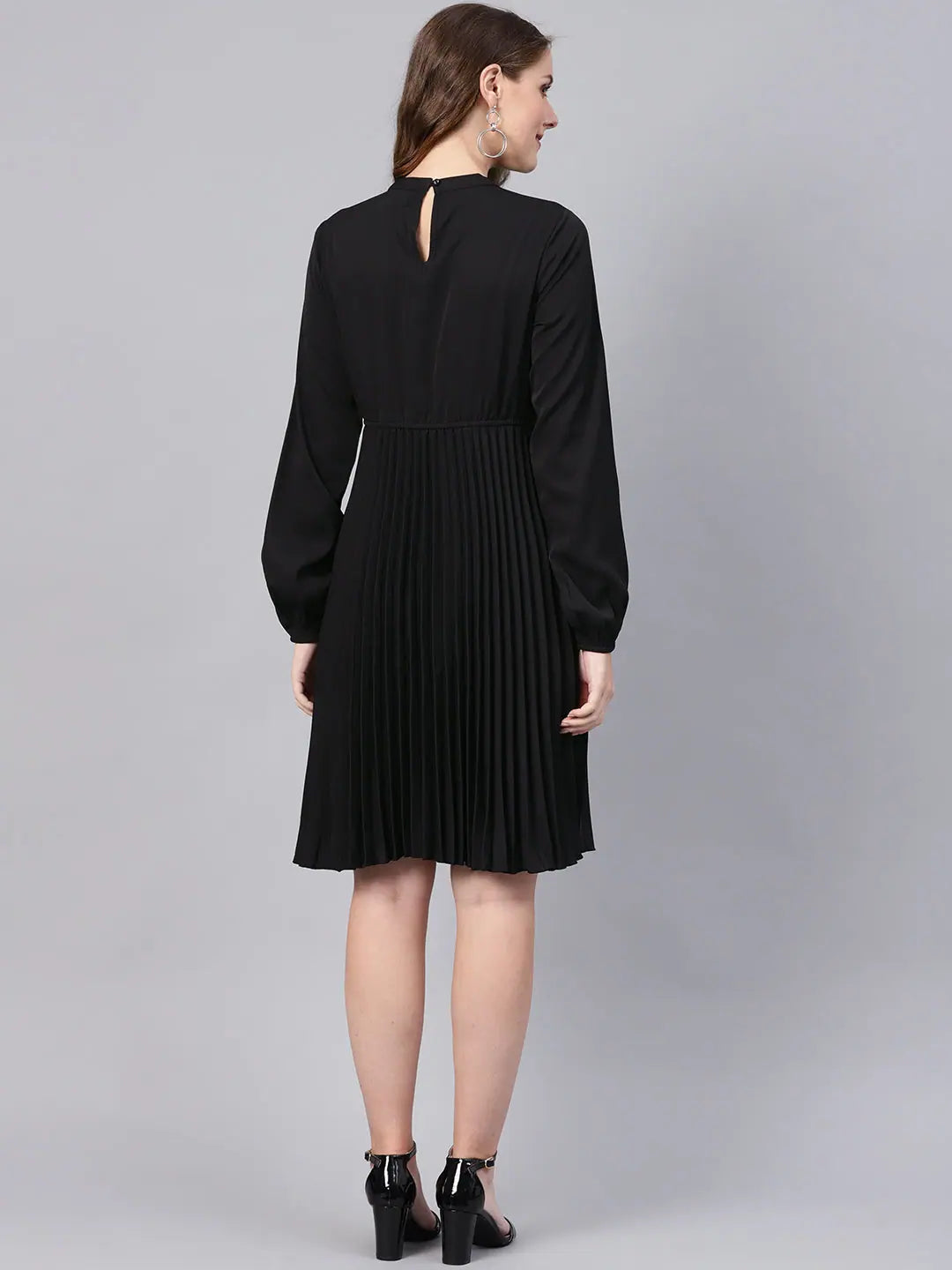 Black Skater Dress - Mandarin Collar & Pleated Skirt