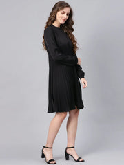 Black Mandrain Collar Pleated Skater Dress