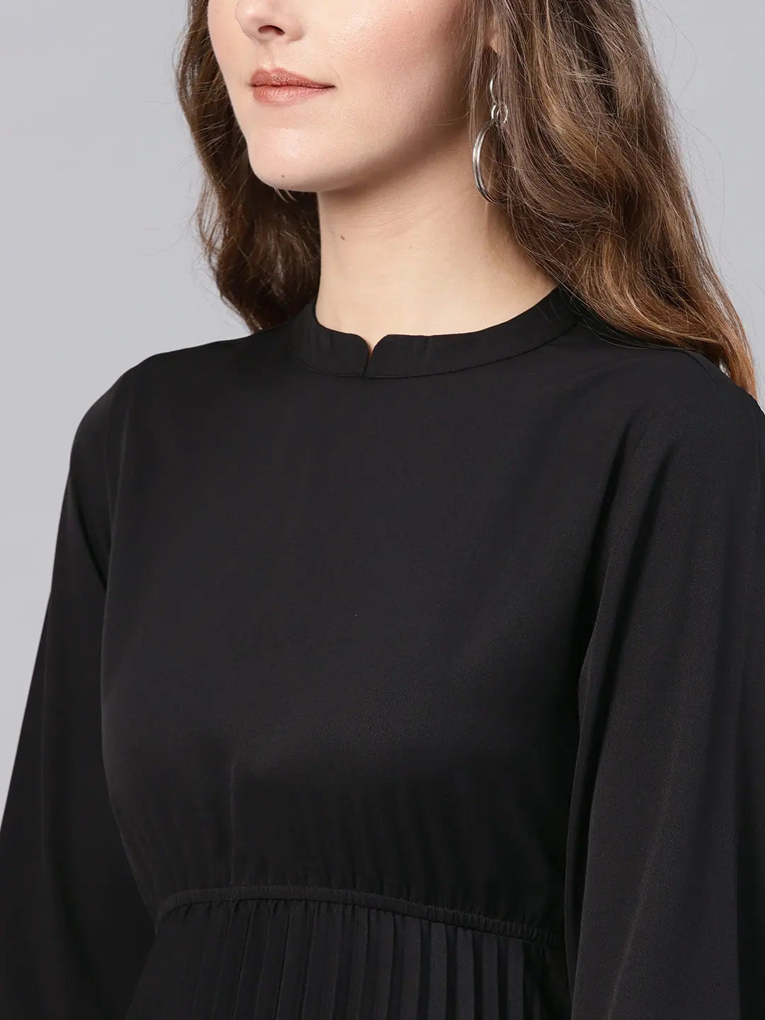 Black Skater Dress - Mandarin Collar & Pleated Skirt