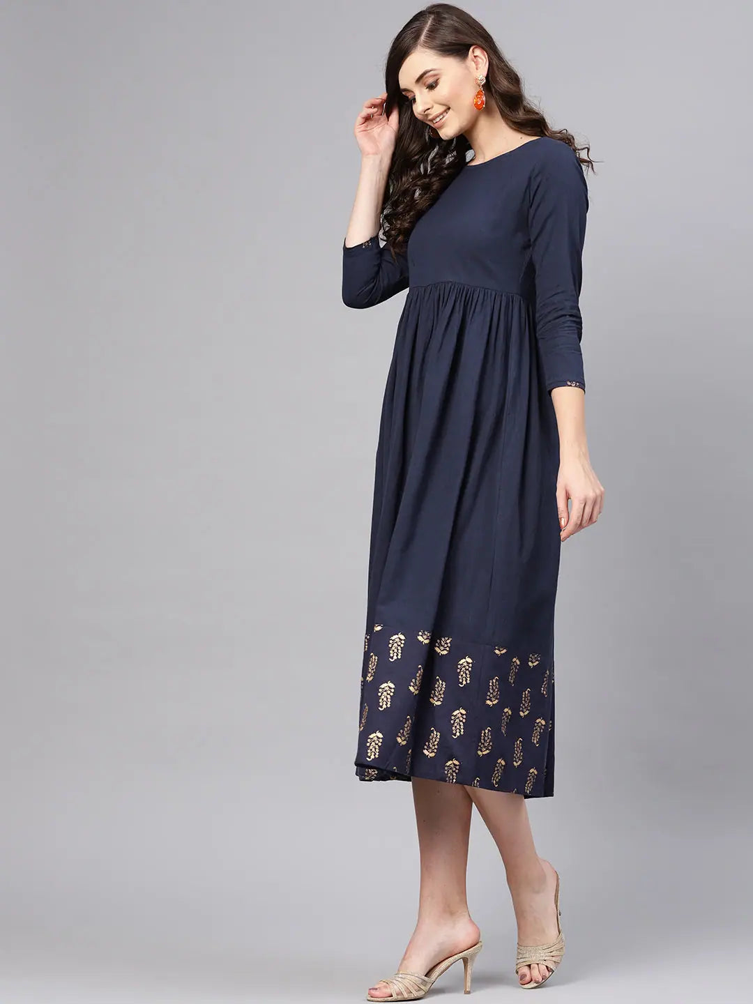 Navy Foil Printed Dress - Fit & Flare Rayon Calf Length