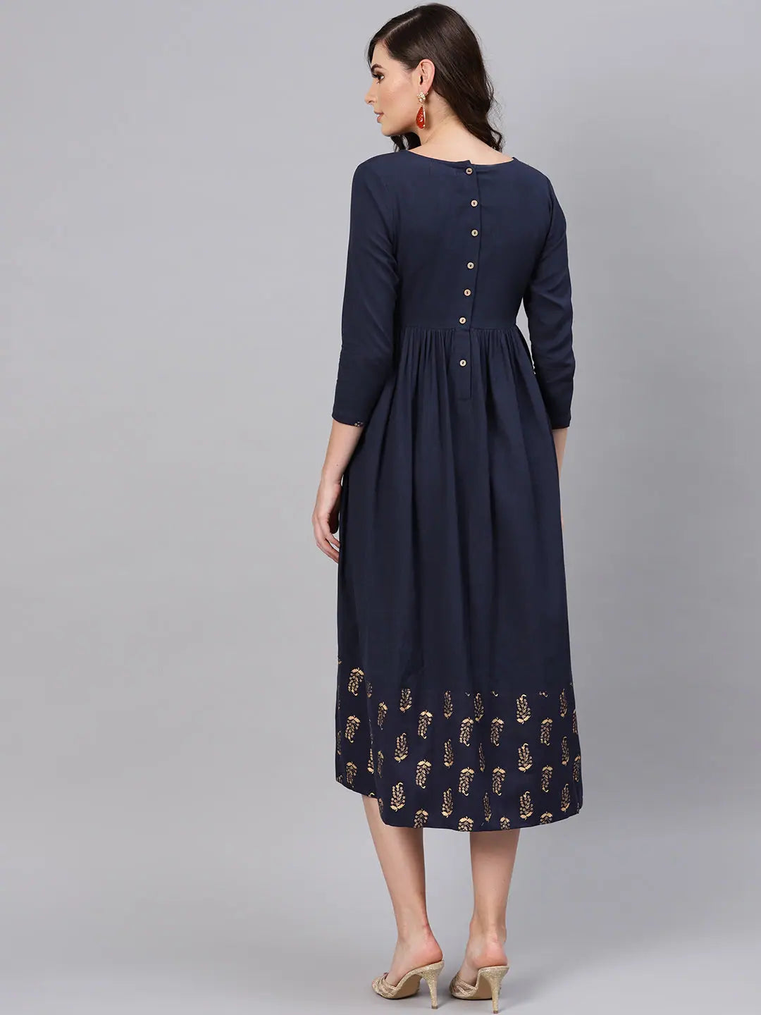 Navy Foil Printed Dress - Fit & Flare Rayon Calf Length