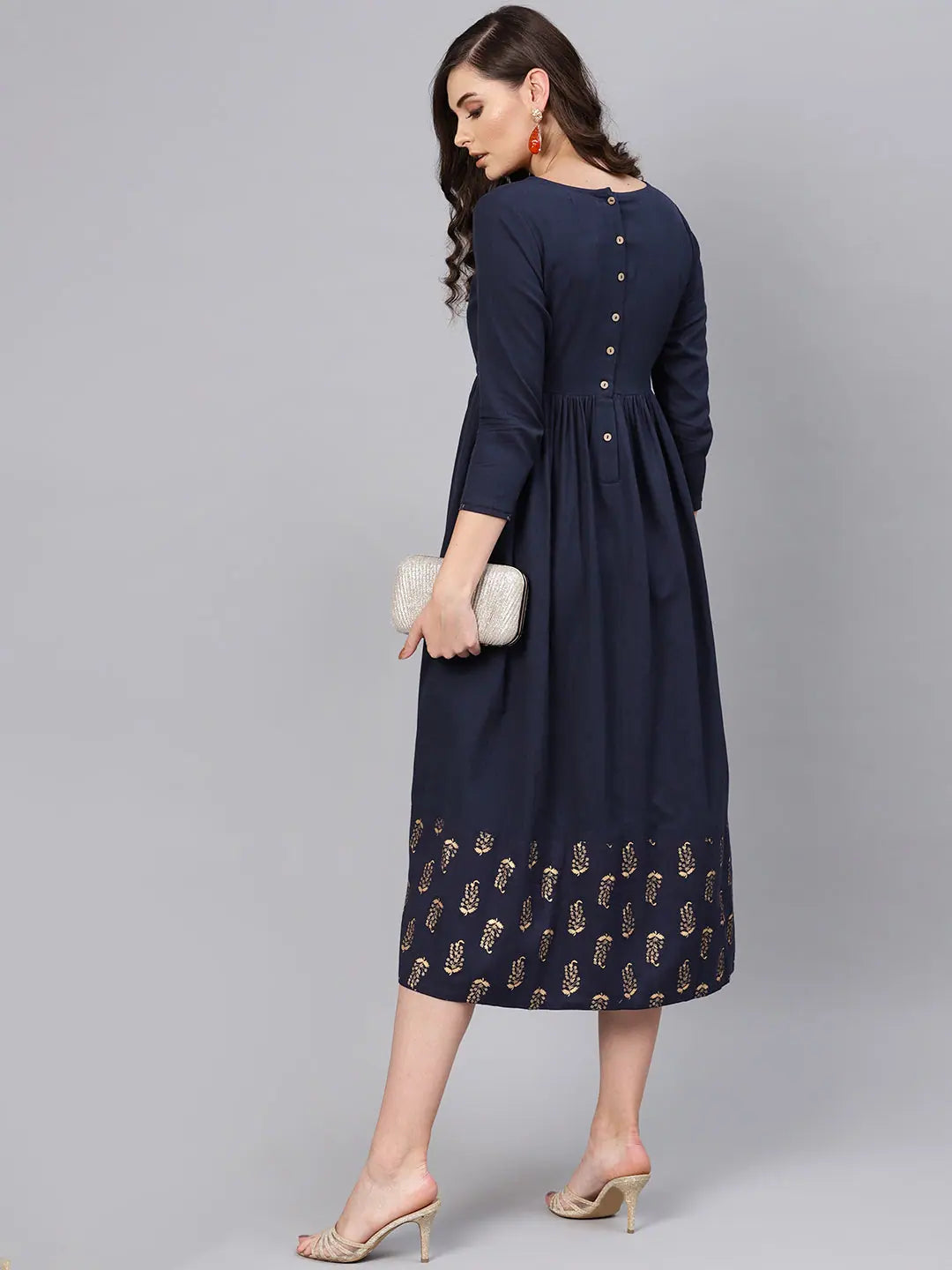 Navy Foil Printed Dress - Fit & Flare Rayon Calf Length