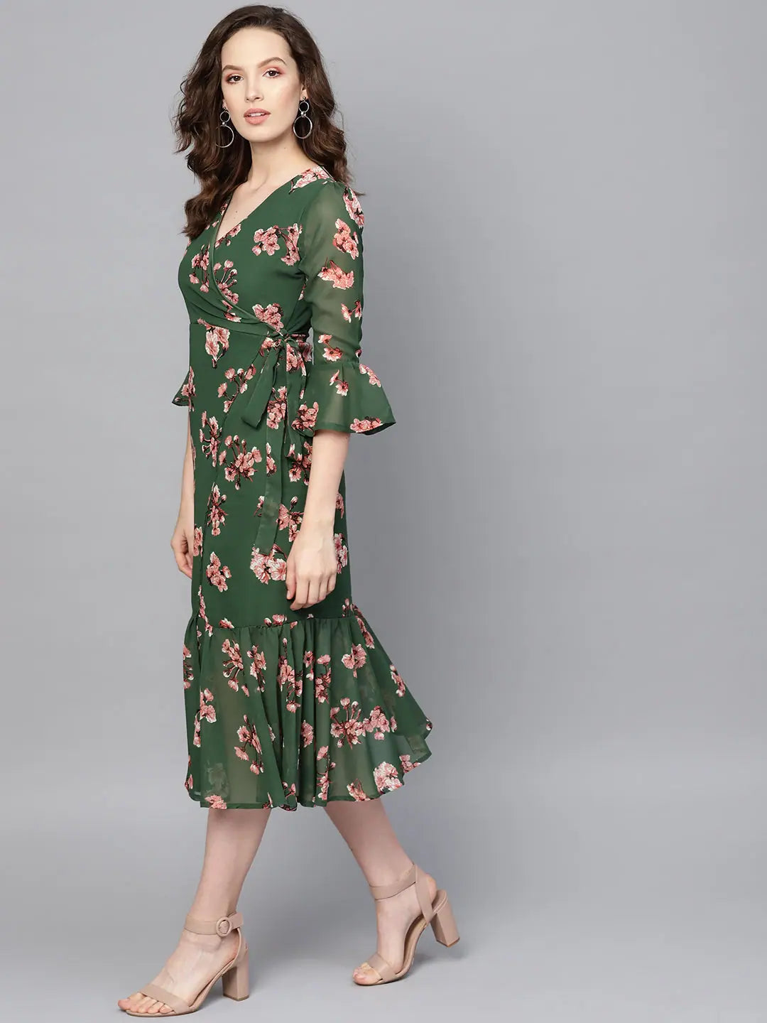 Green Floral Wrap Dress | Georgette Midi, Tie Waist Detail