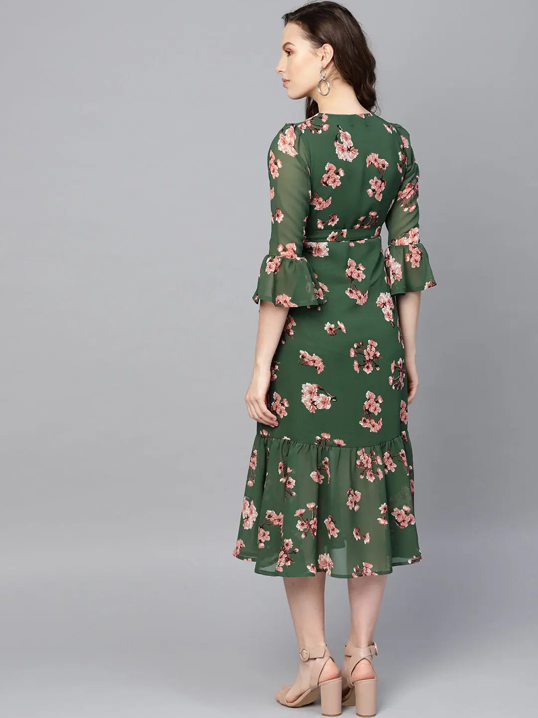 Green Floral Wrap Dress | Georgette Midi, Tie Waist Detail