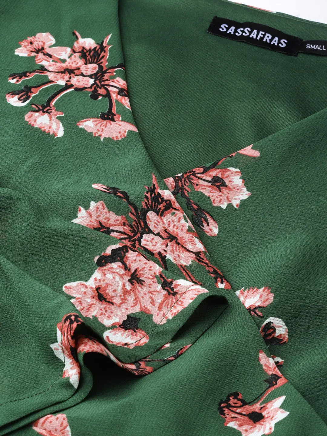 Green Floral Wrap Dress | Georgette Midi, Tie Waist Detail
