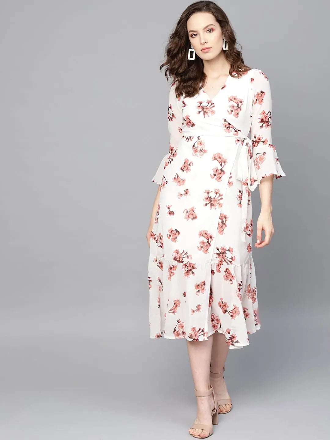 White Floral Wrap Tie Dress - Women's Midi Length Dress