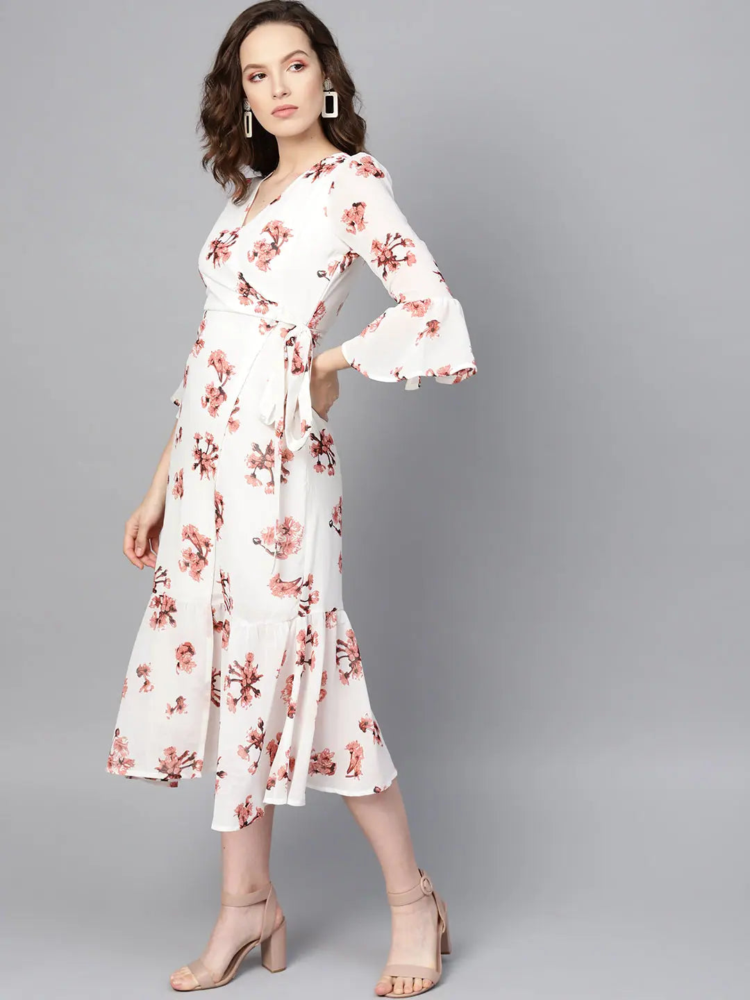White Floral Wrap Tie Dress - Women's Midi Length Dress
