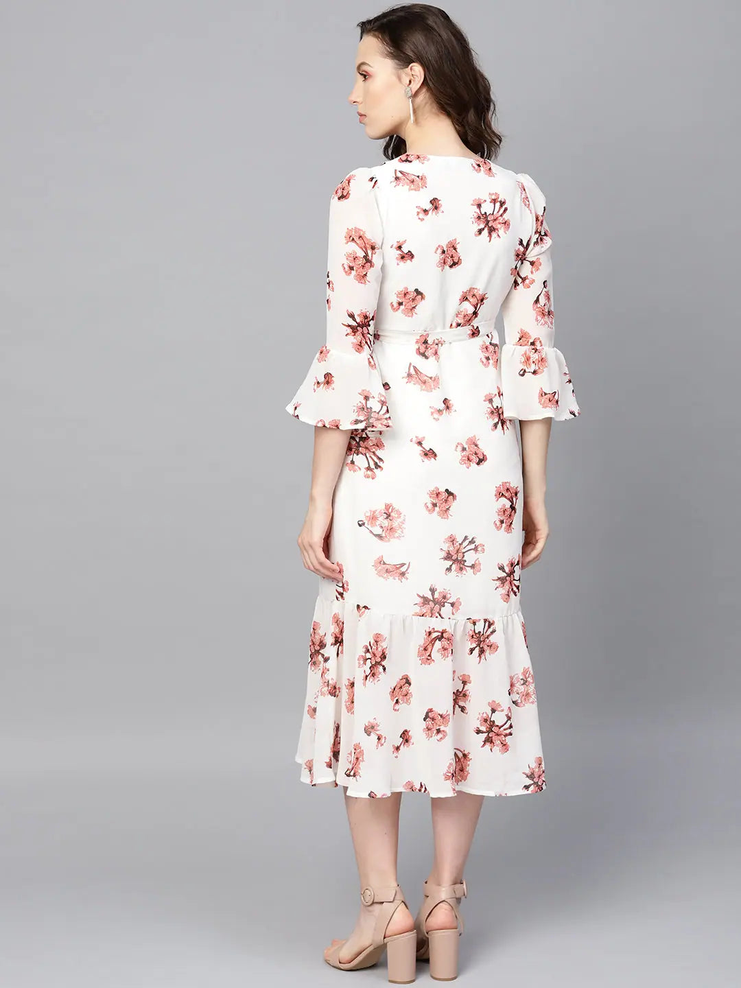 White Floral Wrap Tie Dress - Women's Midi Length Dress