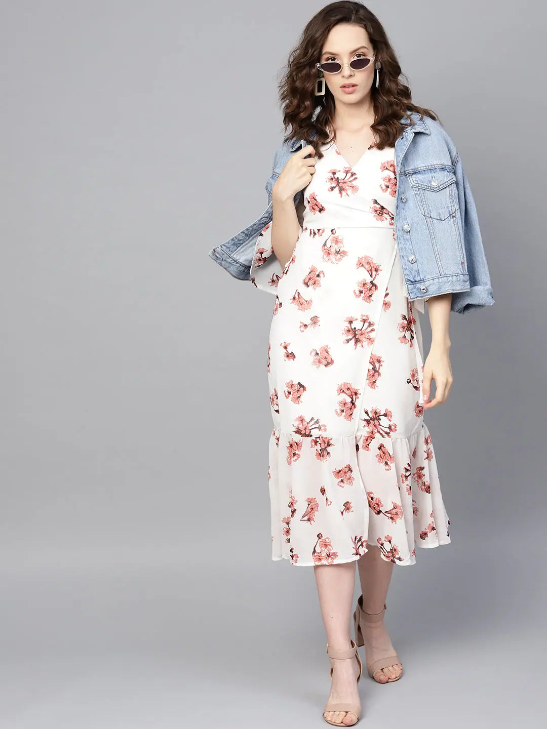 White Floral Wrap Tie Dress - Women's Midi Length Dress