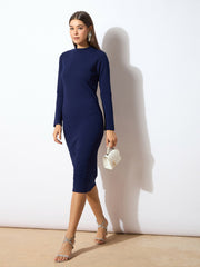 Women Navy High Neck Bodycon Midi Dress-SFDRSS1762