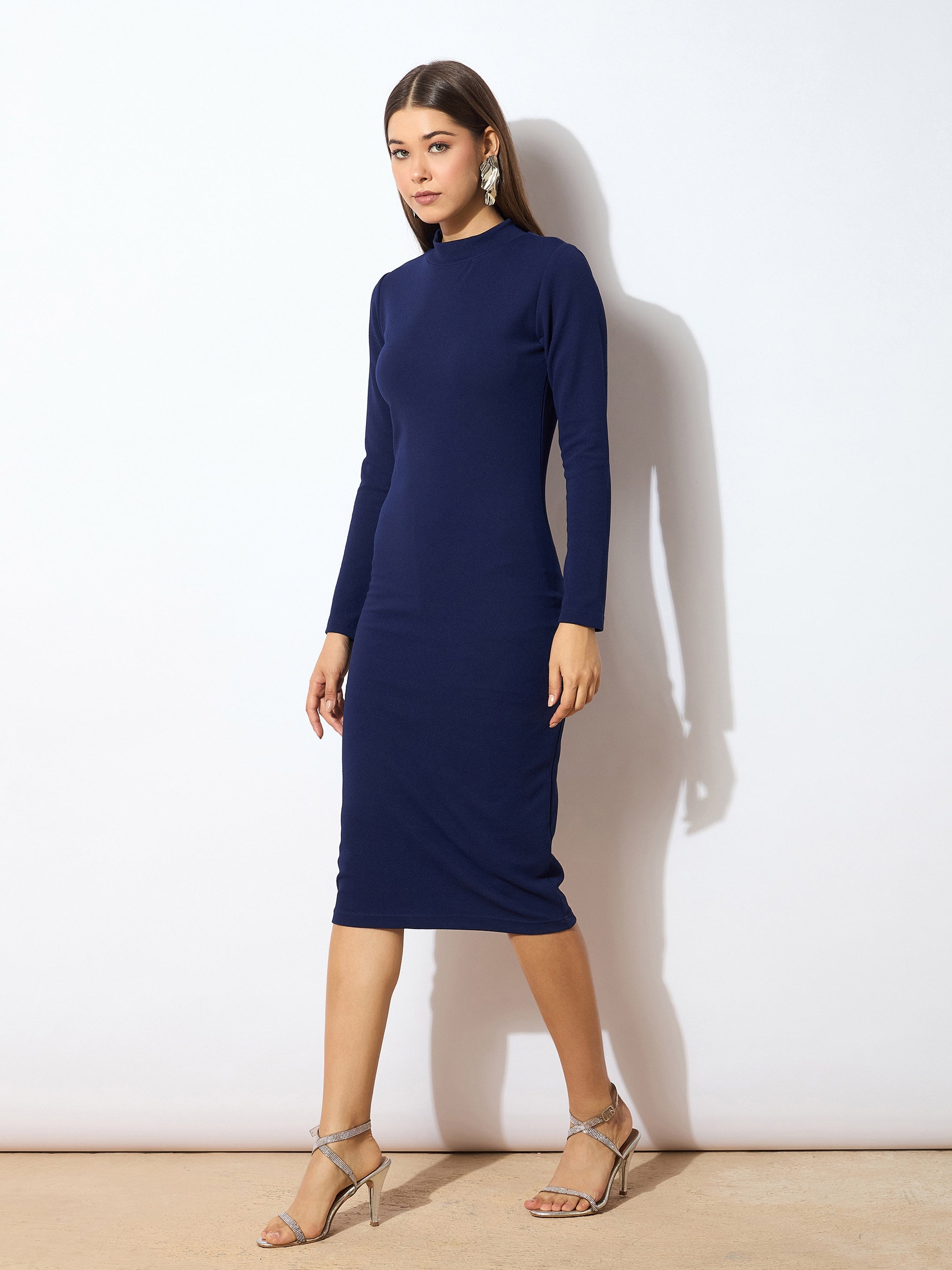 Women Navy High Neck Bodycon Midi Dress-SFDRSS1762