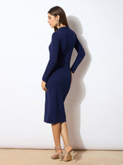 Women Navy High Neck Bodycon Midi Dress-SFDRSS1762