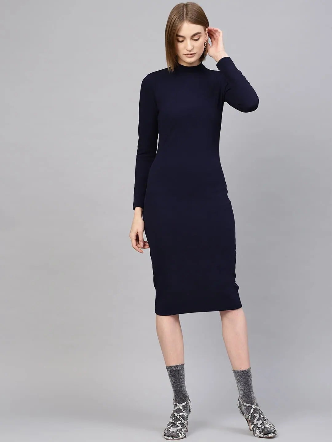 Navy Bodycon Midi Dress - High Neck, Slim Fit Style