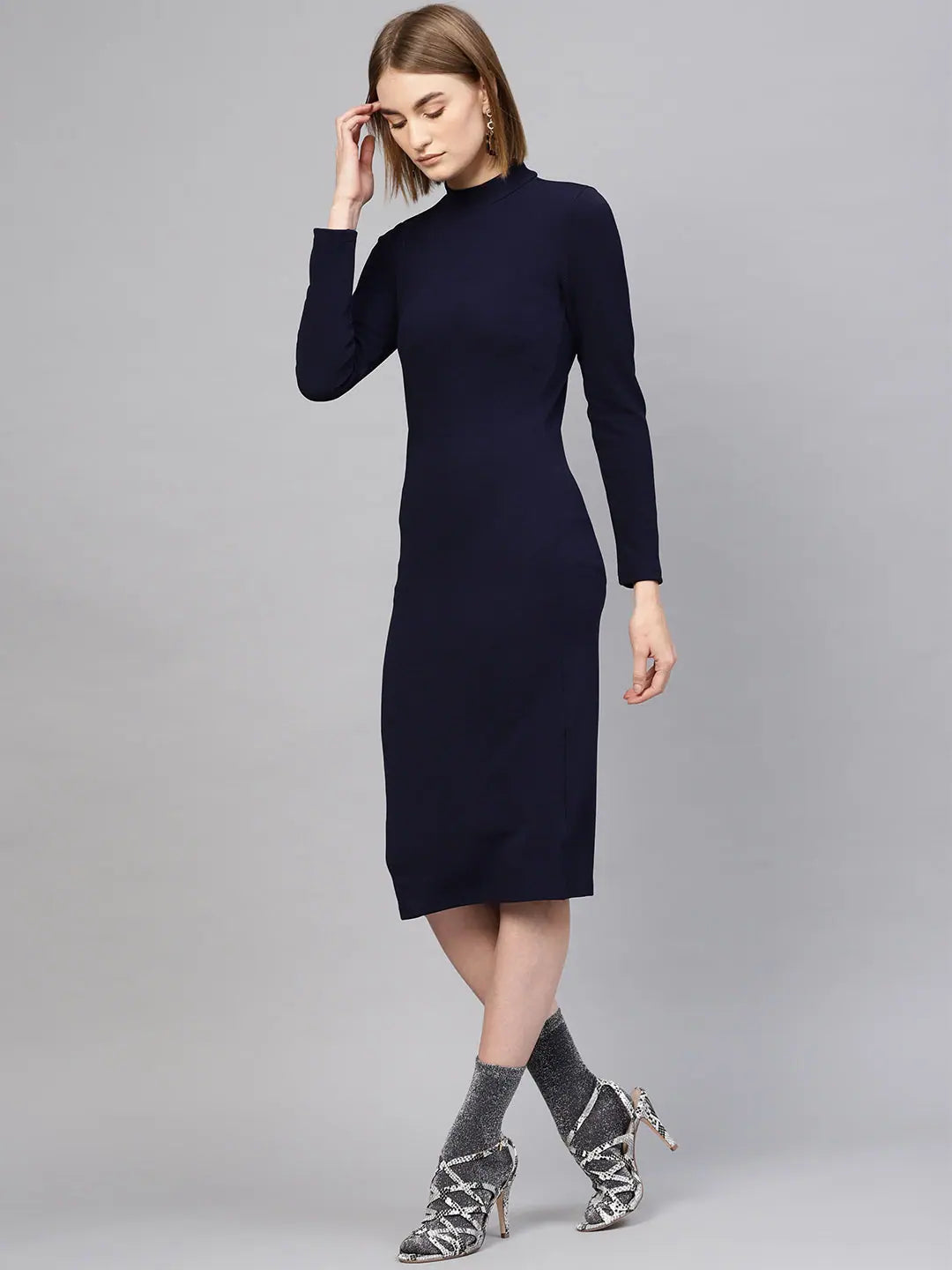 Navy Bodycon Midi Dress - High Neck, Slim Fit Style