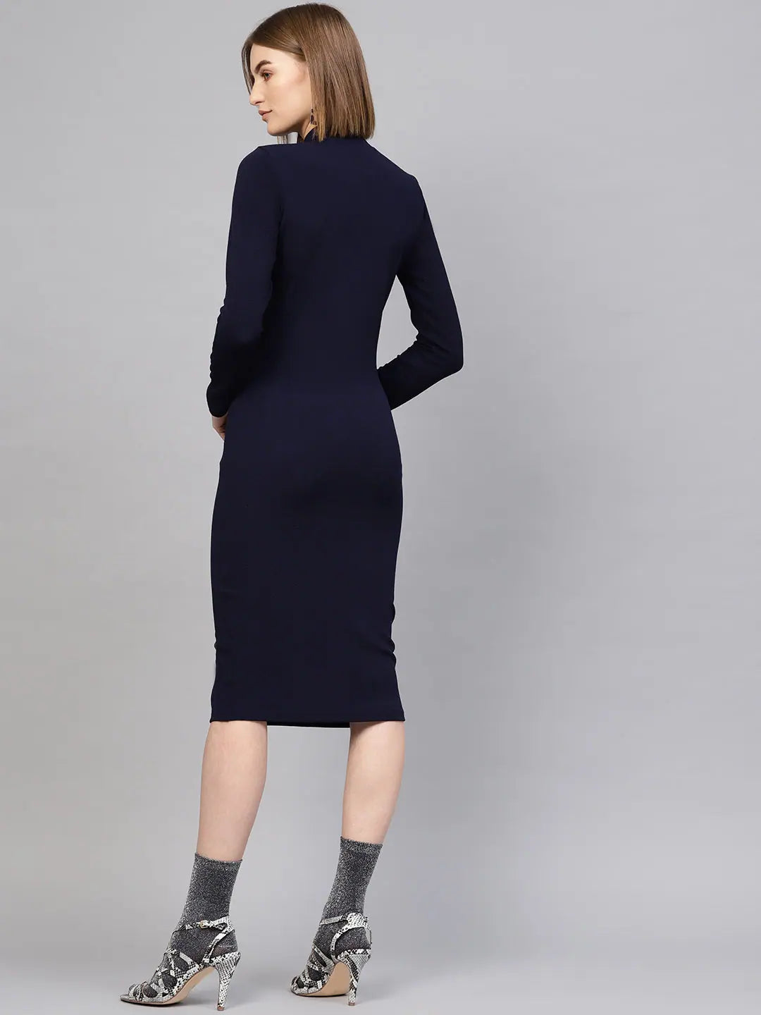 Navy Bodycon Midi Dress - High Neck, Slim Fit Style