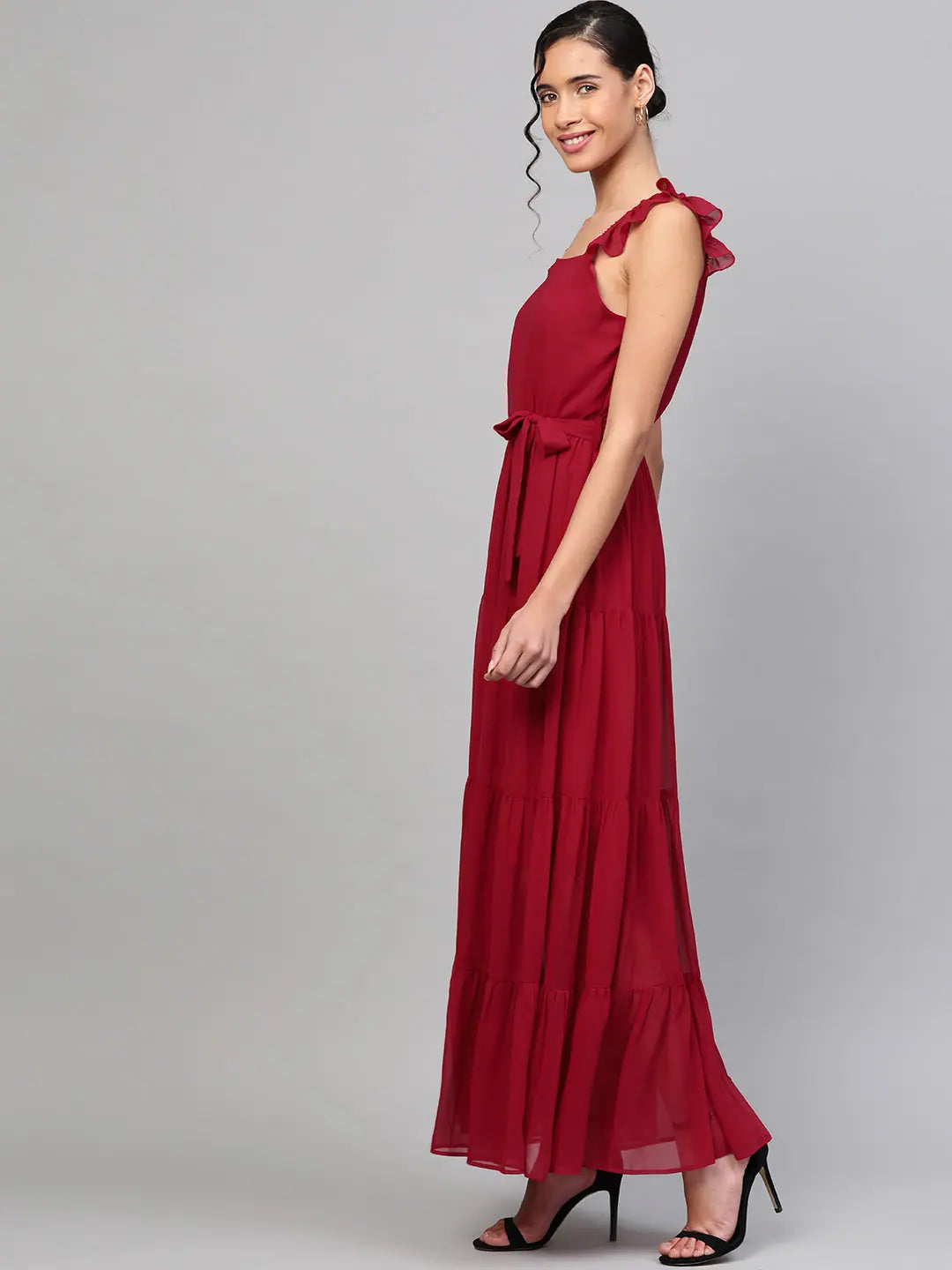 Red Strappy Maxi Dress: Frill Tiered, Fit & Flare Style