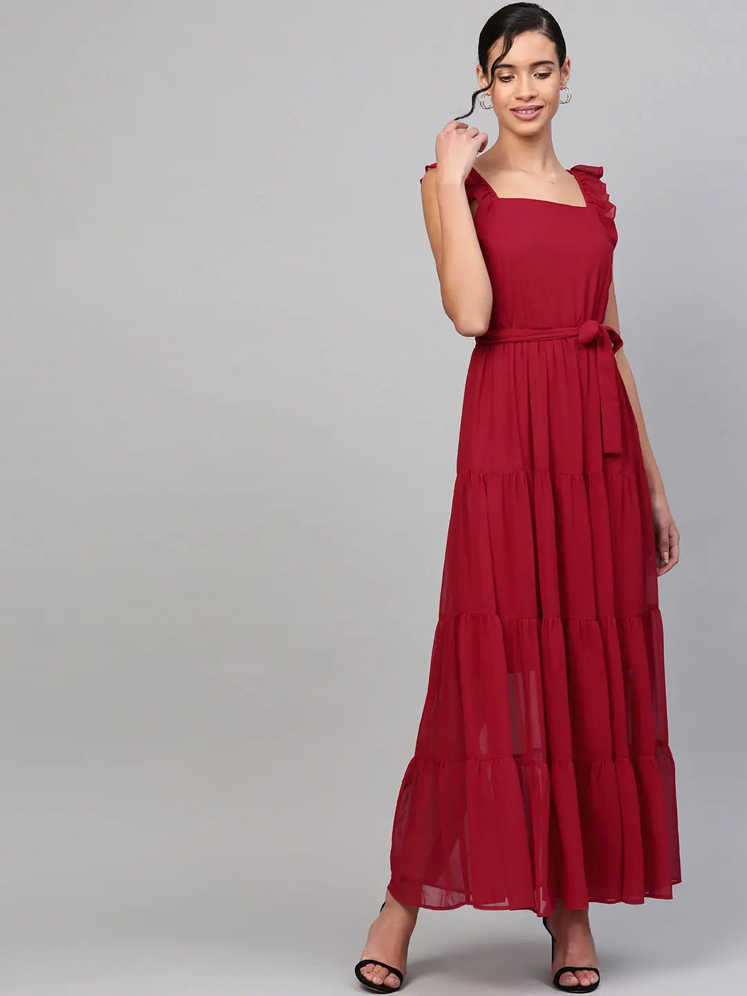 Red Strappy Maxi Dress: Frill Tiered, Fit & Flare Style