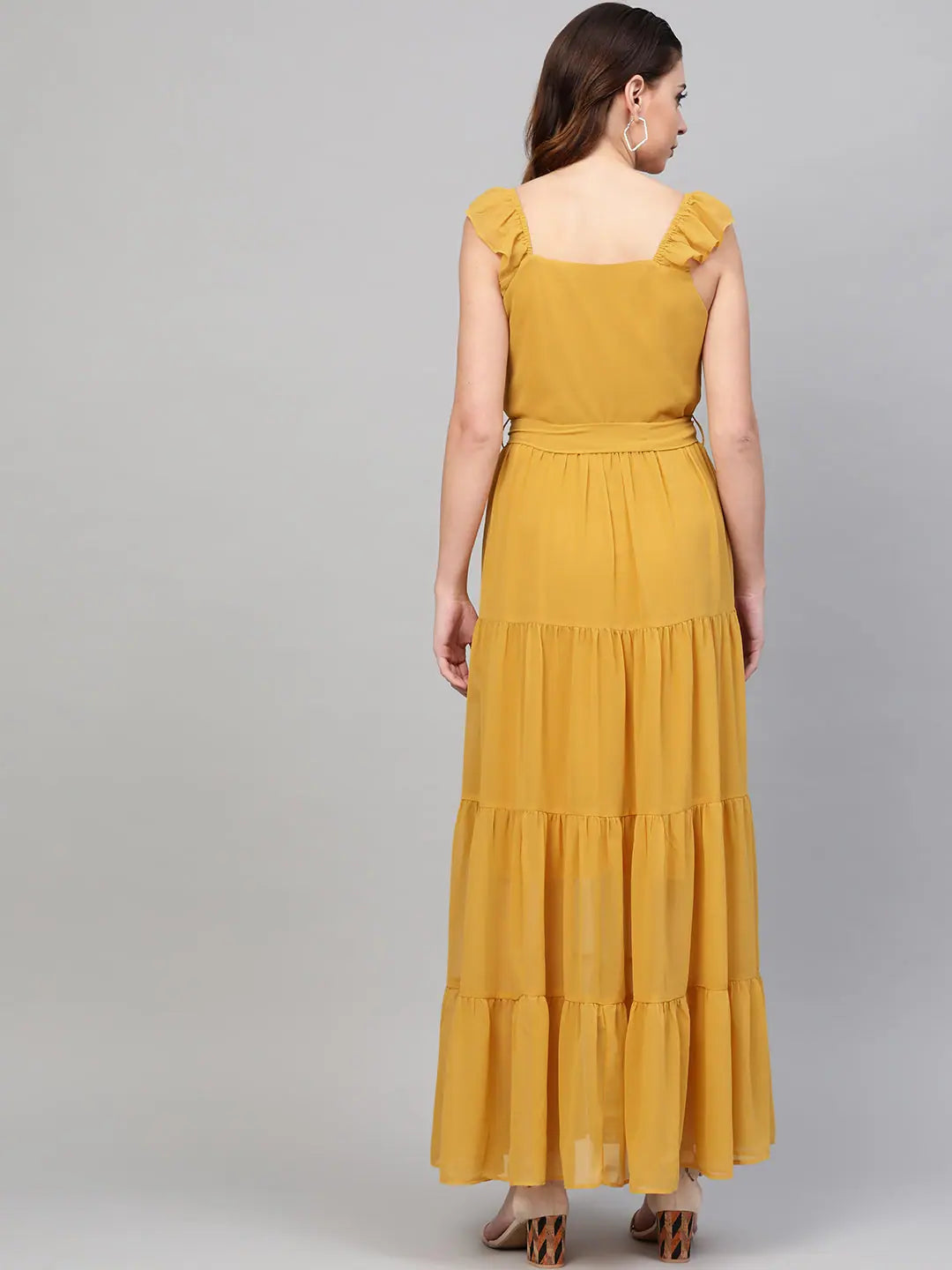Mustard Maxi Dress: Strappy, Frill Tiered, Fit & Flare
