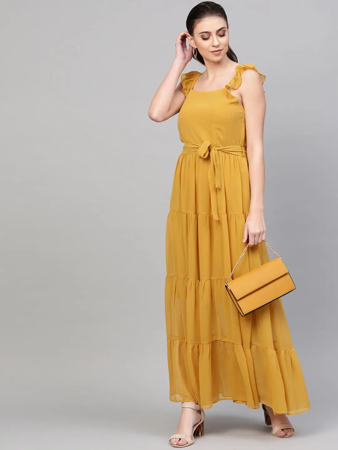 Mustard Maxi Dress: Strappy, Frill Tiered, Fit & Flare